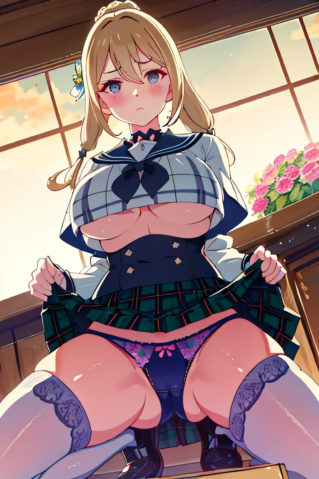 highest quality、High resolution、detailed background、beautiful and detailed face、beautiful and smooth skin、skin texture、professional lighting、Beautiful age girl、sexy sailor suit、Pleated mini skirt with tartan plaid pattern、braided ponytail、(look at me with cold eyes and troubled face、big breasts、emphasize the chest、emphasize the underboob)、Floral embroidered panties、Floral Embroidered Bra、
squat down、I can see my underwear when I squat down.、(lift up the skirt、panty shot、camel toe)、big ben、tower of london、British Museum、Buckingham Palace