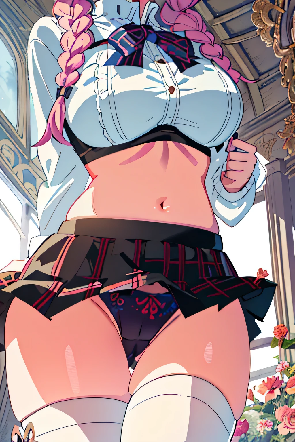 highest quality、High resolution、detailed background、beautiful and detailed face、beautiful and smooth skin、skin texture、professional lighting、Beautiful girl、sexy sailor suit、Pleated mini skirt with tartan plaid pattern、braided ponytail、(look at me with cold eyes and troubled face、big breasts、emphasize the chest、emphasize the underboob)、Floral embroidered panties、Floral Embroidered Bra、
squat down、I can see my underwear when I squat down.、(lift up the skirt、panty shot、camel toe)、big ben、tower of london、British Museum、Buckingham Palace