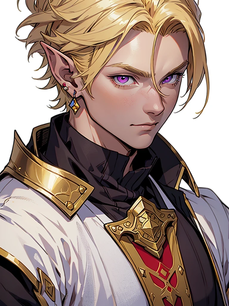 medieval anime art, masterpiece, best quality, by professional artist, male, solo, upper body portrait, detailed composition, detailed eyes, (((white background))), elf, short blond hair, magenta eyes, wearing red and yellow mage armor, earrings, beautiful