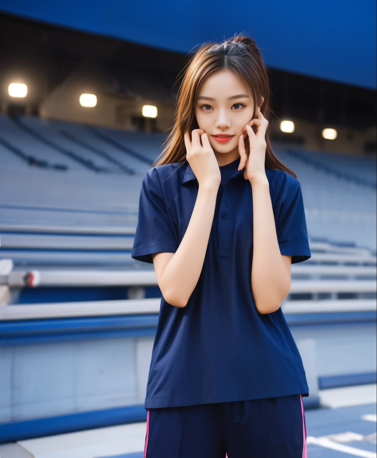 (best quality,10,10,height,Masterpiece:1.2),Special details,(realistic,ภาพrealistic,Realistic photos:1.37),1 cute girl on the football field,shiny, ผิวshiny,only,smile softly,BDclothelue shirt:1.3)),short sleeve,shirt, กางเกงขาlong.,(navy_long_track pants:1.1), ((stadium background:1.3)),Dynamic angle,excited,Face focus,dynamic poses,from behind,focus on ass,Masterpiece, best quality, ultra realistic, hyper-detail, 8K resolution, raw photos, Sharp focus, ((Navy blue shirt:1.1)), short sleeve, เส้นทางlong, perfect body, 2 mature women, 18 years old, Cinema-grade lighting system,blue sweatpants,shirtผ้าออกกำลังกาย,correct anatomy,perfect body, correct body, Sharp face, correct bodyทางกายวิภาค, full body, realistic gestures, long-haired, realistic poses,Wear long shorts................................,ช่วงขาlong,Good shape,carved girl, Slender figure, model, Good shape, beautiful body,blue sweatpants, two girls kissing