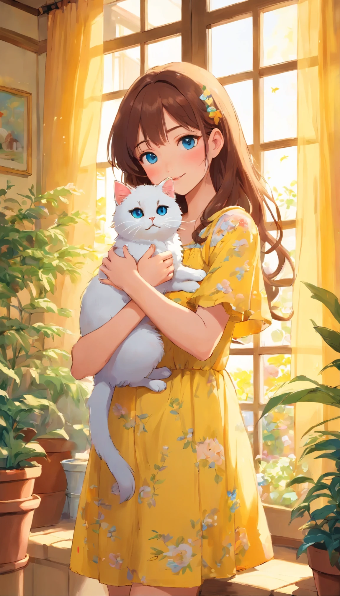 (highres:1.2,realistic,vivid colors) A girl holding a cat in a sunny room, with beautiful detailed eyes, plump rosy lips, and a captivating smile. The girl is wearing a floral summer dress that flows gently as she moves. The room is bathed in warm sunlight, illuminating the scene with a soft and cheerful glow. The girl's face is filled with happiness as she gently cradles the cat in her arms, demonstrating a genuine love for animals. The cat is a fluffy white Persian with bright blue eyes, peacefully nuzzling against the girl's chest. The room is adorned with potted plants, creating a vibrant and lively atmosphere. The walls are painted a light shade of pastel yellow, adding to the overall sunny ambiance. The sunlight casts beautiful patterns through the sheer curtains, creating playful shadows on the floor. The atmosphere is filled with warmth, love, and a sense of tranquility. The overall artwork should reflect the joy and serenity of the moment, with vibrant colors and lifelike details bringing the scene to life.