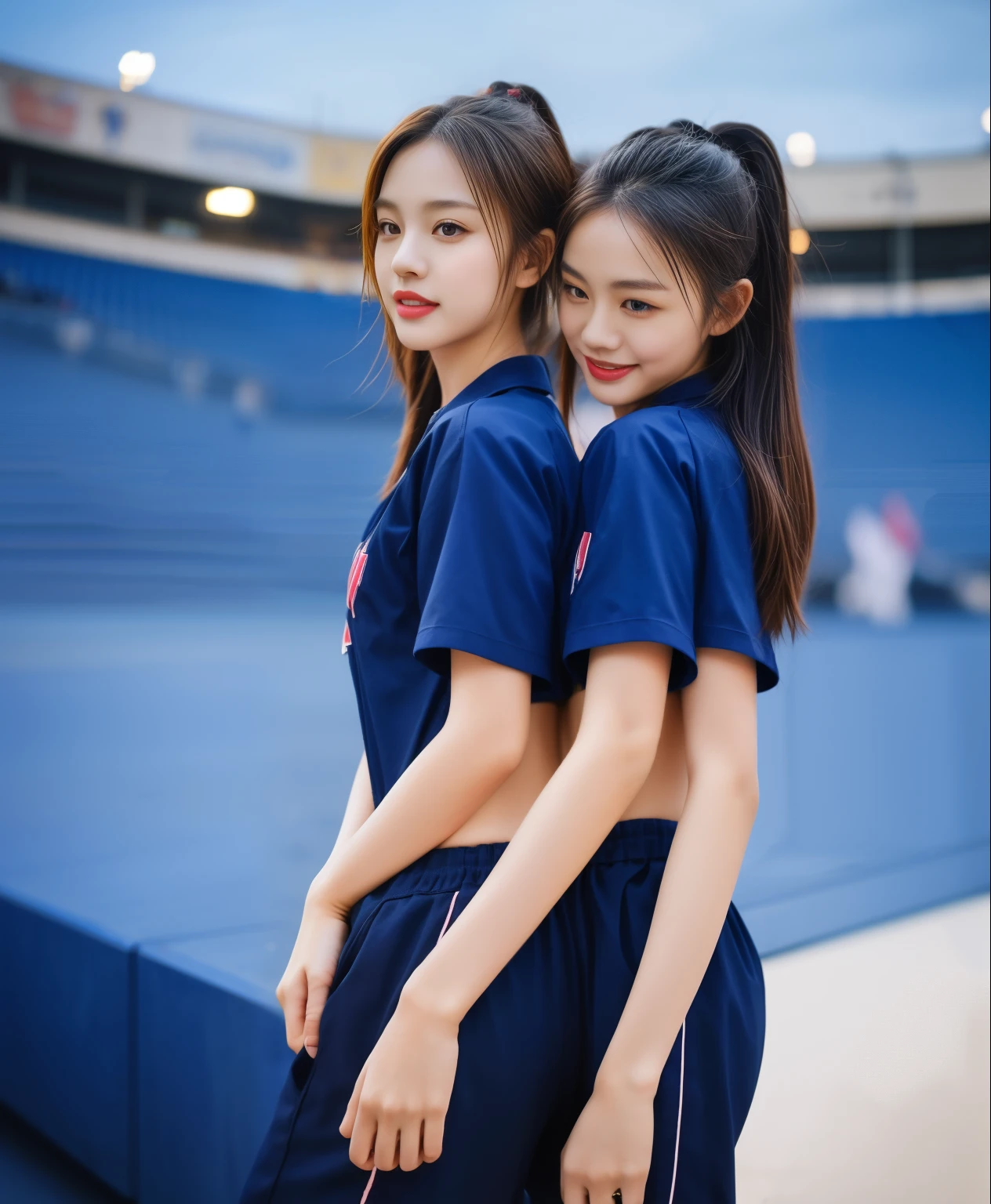 (best quality,10,10,height,Masterpiece:1.2),Special details,(realistic,ภาพrealistic,Realistic photos:1.37),1 cute girl on the football field,shiny, ผิวshiny,only,smile softly,BDclothelue shirt:1.3)),short sleeve,shirt, กางเกงขาlong.,(navy_long_track pants:1.1), ((stadium background:1.3)),Dynamic angle,excited,Face focus,dynamic poses,from behind,focus on ass,Masterpiece, best quality, ultra realistic, hyper-detail, 8K resolution, raw photos, Sharp focus, ((Navy blue shirt:1.1)), short sleeve, เส้นทางlong, perfect body, 2 mature women, 18 years old, Cinema-grade lighting system,blue sweatpants,shirtผ้าออกกำลังกาย,correct anatomy,perfect body, correct body, Sharp face, correct bodyทางกายวิภาค, full body, realistic gestures, long-haired, realistic poses,Wear long shorts................................,ช่วงขาlong,Good shape,carved girl, Slender figure, model, Good shape, beautiful body,blue sweatpants, two girls kissing