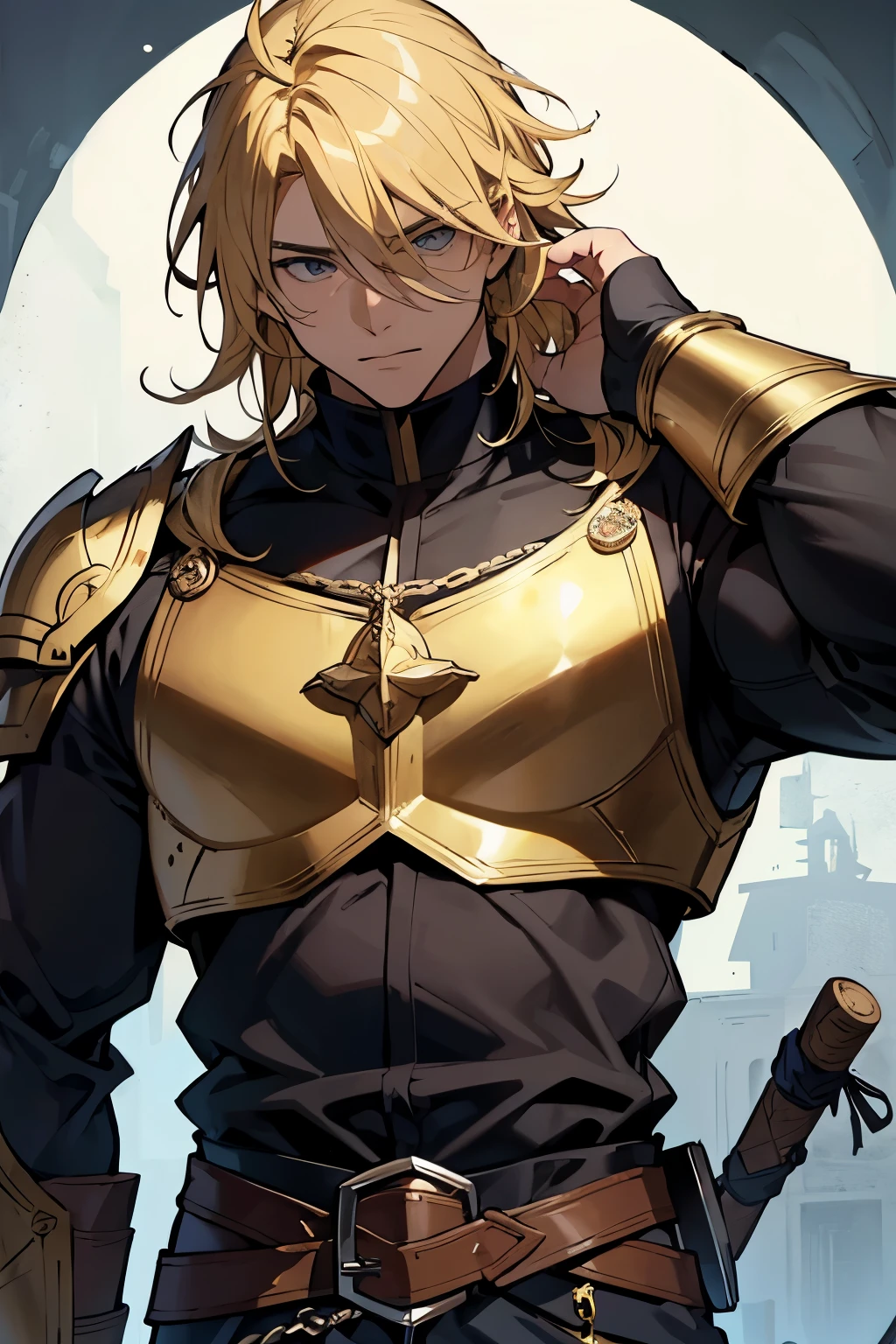 Homem, blonde, cabelo curto, adulto, alto, forte, homem grande, musculoso, medieval, anime, cavaleiro, armadura, olhos azuis