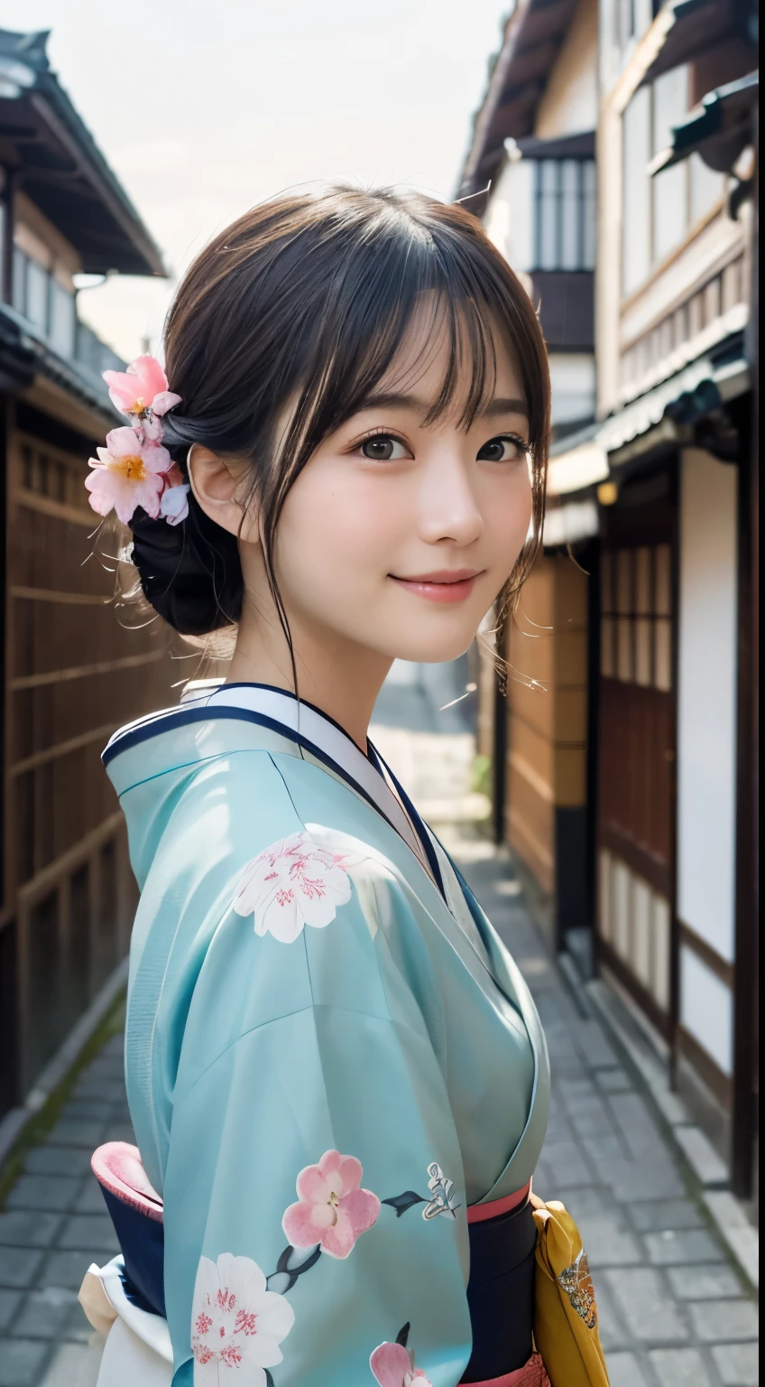professional lighting,(Photoreal:1.4), (Top image quality:1.0), (超A high resolution:1.0), 8k, Raw photography, (masterpiece:0.2), (Pueros face_v1:0.5)、(最高quality Detail:1.2)、realistic、8k UHD、High resolution、(1 girl:1.2)、超detailedな、High quality textures、intricate details、detailed、Very detailed CG、High quality shadows、detailed 美しく繊細な顔、Beautiful details and delicate eyes、(symmetrical eyes:1.2),Depth of the bounds written、ray tracing,1 girl, japanese girl, (natural smile:1.4),cute, thin, Portrait of a beautiful Japanese woman wearing a kimono, Standing elegantly on a street corner in Kyoto. A kimono with bright traditional patterns, Hair decorated with an elegant and delicate hairpin, and a gentle expression. (Against the backdrop of the old streets of Kyoto:1.4)、soft light on a spring afternoon、adds tranquility to the scene. Rendered in a realistic style with great attention to detail, High resolutionの画像.sky porn, magic hour, (realistic:1.3), finely, quality, (table top:1.2), (realistic:1.2), (最高quality), (複雑なdetailed), dramatic, ray tracing, photograph, +roller