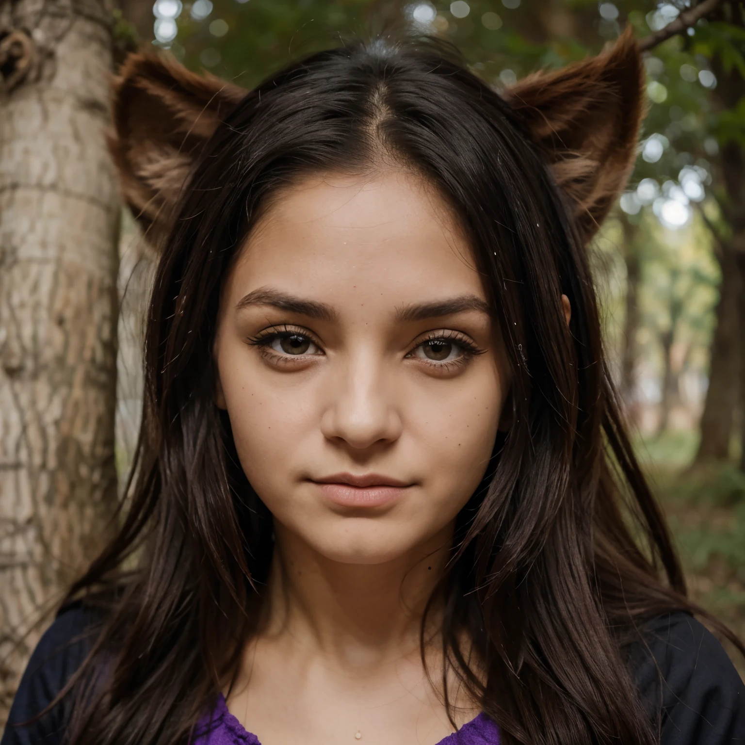 Chica, cabello blanco, ojos color violeta, orejas de elfo, ropa de bruja del bosque, con una mirada fija hacia adelante