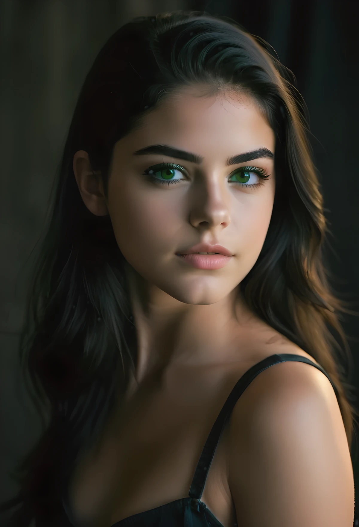 18 year old American woman, small lips, green eyes, medium eyelashes, medium nose, medium ears, thick eyebrows, long black hair, looks away, natural skin, moles on skin, (cinematic, film grain: 1.1) smile, dynamic body posture, full body, + cinematic darkness, chiaroscuro, contrasted, ma(:0)disyn s(:0)hipman, all prologue, continuation, youth body, at the French Riviera film festival, corporate punk, wrapped, surreal, high quality photography , 3-point lighting, flash with softbox, 4k, leica m6, hp5 plus, sharp focus, high resolution, award-winning photography, medium photo grain, 50mm, f2.8, depth of field