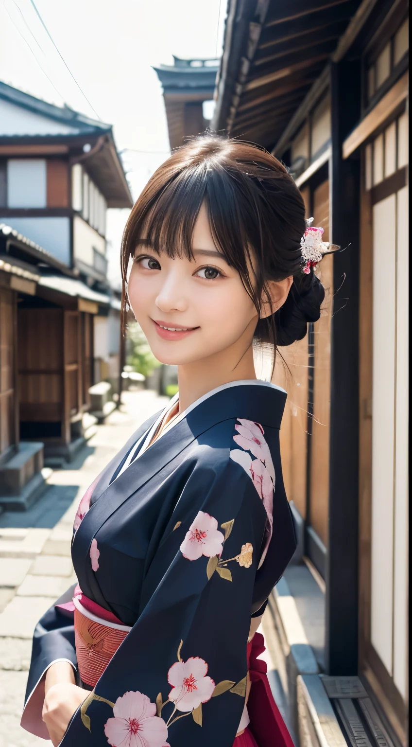 professional lighting,(Photoreal:1.4), (Top image quality:1.0), (超A high resolution:1.0), 8k, Raw photography, (masterpiece:0.2), (Pueros face_v1:0.5)、(最高quality Detail:1.2)、realistic、8k UHD、High resolution、(1 girl:1.2)、超detailedな、High quality textures、intricate details、detailed、Very detailed CG、High quality shadows、detailed 美しく繊細な顔、Beautiful details and delicate eyes、(symmetrical eyes:1.2),Depth of the bounds written、ray tracing,1 girl, japanese girl, (natural smile:1.4),cute, thin, Portrait of a beautiful Japanese woman wearing a kimono, Standing elegantly on a street corner in Kyoto. A kimono with bright traditional patterns, Hair decorated with an elegant and delicate hairpin, and a gentle expression. (Against the backdrop of the old streets of Kyoto:1.4)、soft light on a spring afternoon、adds tranquility to the scene. Rendered in a realistic style with great attention to detail, High resolutionの画像.sky porn, magic hour, (realistic:1.3), finely, quality, (table top:1.2), (realistic:1.2), (最高quality), (複雑なdetailed), dramatic, ray tracing, photograph, +roller