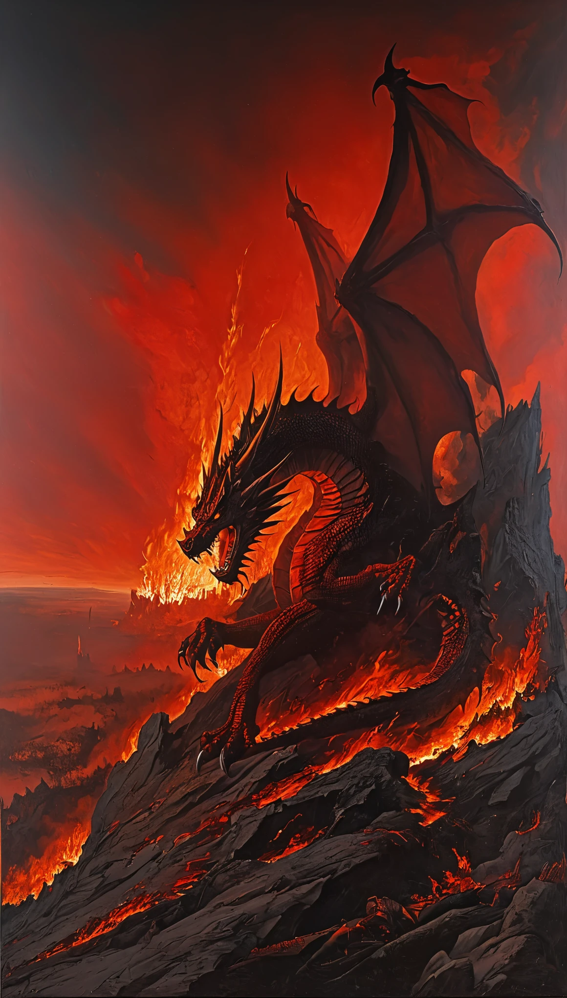 Painting of a large Red Dragon fire and fighting warriors, Dwayne Barlowe Detailed 3D Gothic Oil painting, Wayne Barlowe's Hell