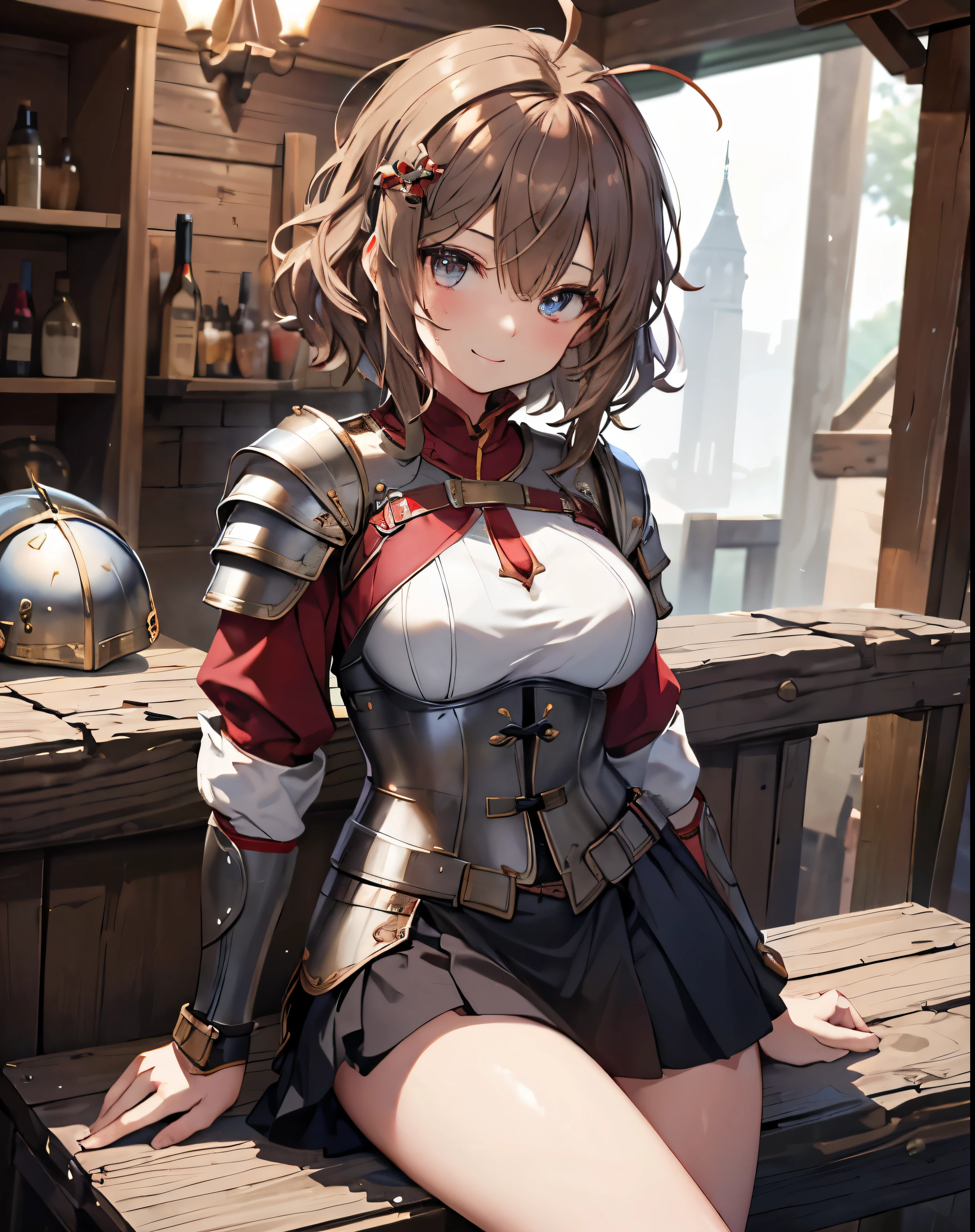 masterpiece,1girl, sparrow, a brown haired girl, wearing a knight armor, curly short hair, messy hair, black skirt, slim body, wearing armor knight, medium breasts, she close her left eye, shirt ornament, lolippai, seductive expression, beautiful breasts, rounded breasts, crimson eyes, dress, miniskirt, sit in medieval tavern, ahoge, seductive smile, breast armor, wearing loriseg armor and helmet, red tunic, red shirt