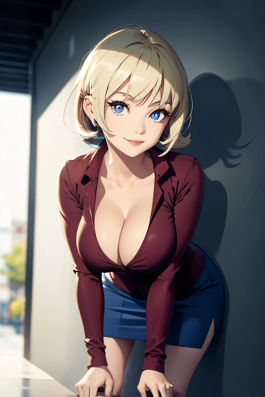 Clear blue eyes, blonde bob hair, cleavage, leaning forward, red cheeks, hairpin, white shirt, no make-up, navy blue tight skirt, rather large, shy, built-up area, looking at the viewer, smiling,