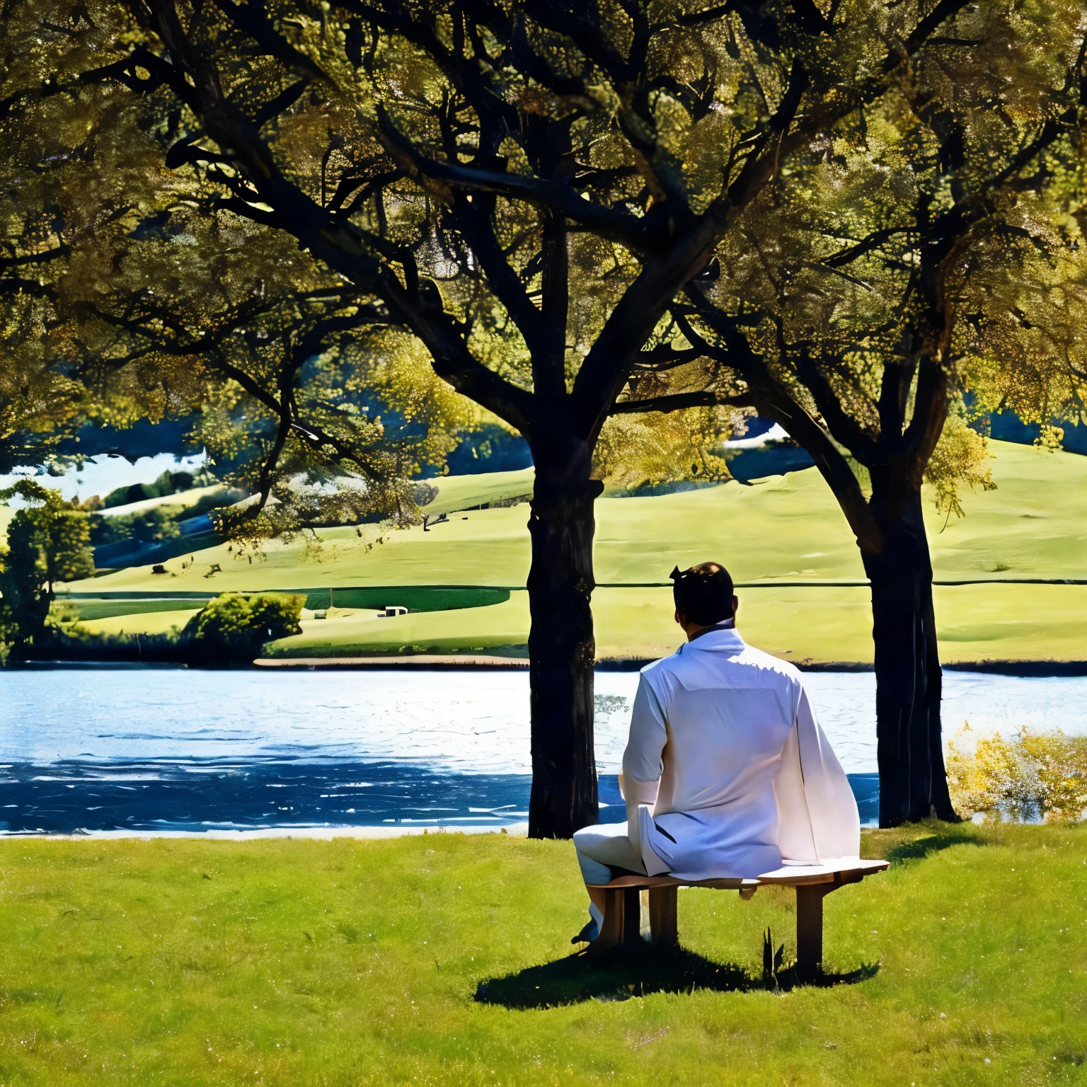 En una noche on luna resplandeciente ,  A man wearing a mustard jacket and white pants sitting with his back on a bench located in front of a field near a river and a girl in a green jacket,polo blanco y short jeam echada en las piernas del hombre 