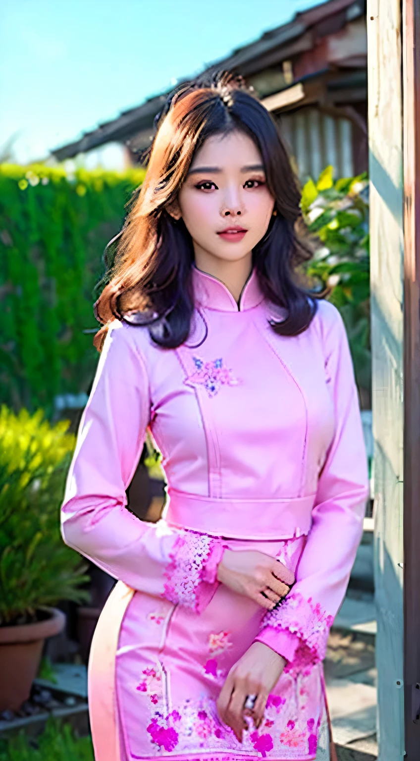 masterpiece best quality, top quality, ultra detailed, ultra high resolution,(photo realistic:1.4),1 girl, 18 year , brown medium hair, standing and looking at the viewer, wearing (kmm), garden background, sun light, full HD