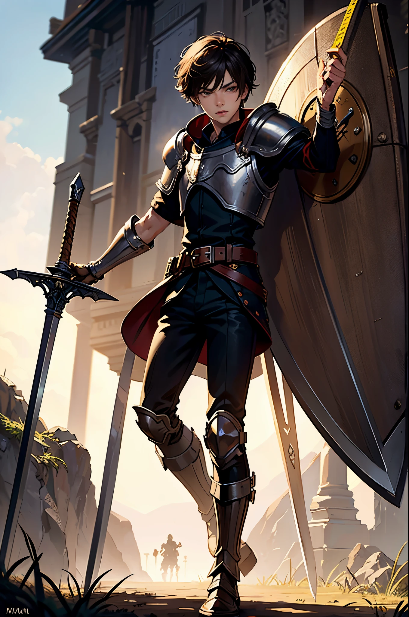 masterpiece, Super detailed, 8K portrait, RAW photo, Portrait photo of a man, highly detailed face, cool and careful eyes, ((fantasy)), (((((1boy))))), (((youth))), , warrior, dynamic action pose, (((legs open, Hold up a shield and full swing a sword))), (((short brown hair))), (((White skin color))), (((leather armor))), Midday sun, surreal, long legs, In the battle field of the Middle Ages, environmental lighting, shadow details, focus the camera on the face, strong wind, light fog