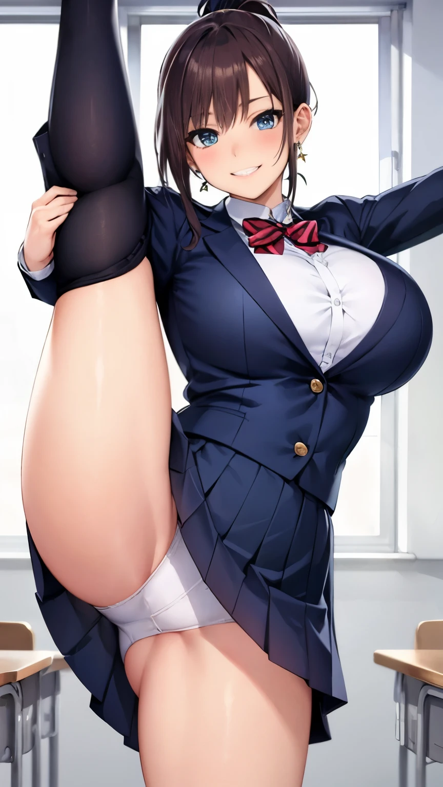 realistic, masterpiece, highest quality, perfect anatomy, (fine eyes), one high school girl, dark blue school uniform, huge breasts, ponytail, earrings, pelvic curtain, (wide hips), shy smile, embarrassing, standing split, raise your legs,raise your legs,stand on one leg, The button on her shirt is open and her breasts are visible., short skirt, white panties, exposed panties, classroom