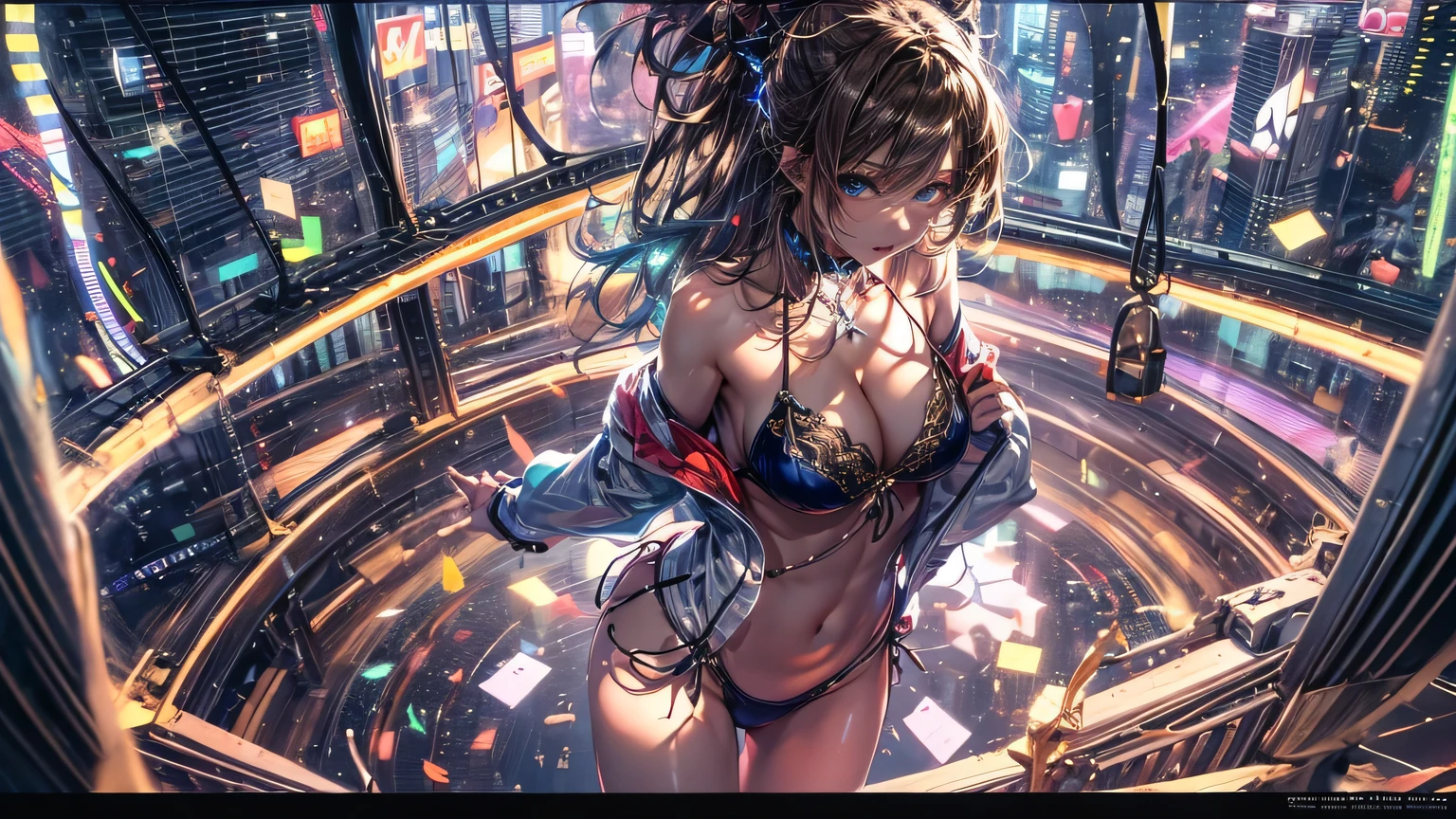 4K, ((very delicate)), realistic, a location that looks far away, 1 full body woman, (delicate face)), View from head to legs, big bust, wearing a bikini, well aware, cyber like background, neon sign, dance, center stage, glass floor, the lights shine, brown hair, blue eyes, Stand with your legs apart, Put your arms down between your legs., looking straight at her, Sensual pose, Looking up from underneath the glass floor.