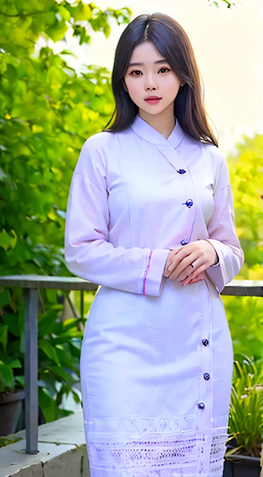 masterpiece best quality, top quality, ultra detailed, ultra high resolution,(photo realistic:1.4),1 girl, 18 year , brown medium hair, standing and looking at the viewer, wearing (kmm), garden background, sun light, full HD