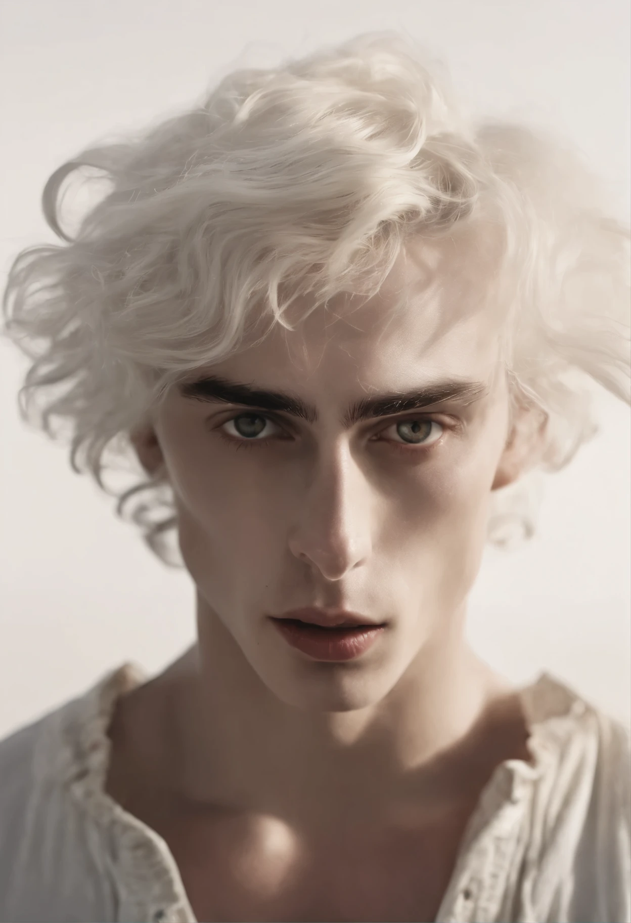 timothee chalamet white hair, shirtless, cool, red eyes, smoke, face with wounds, fire Anime