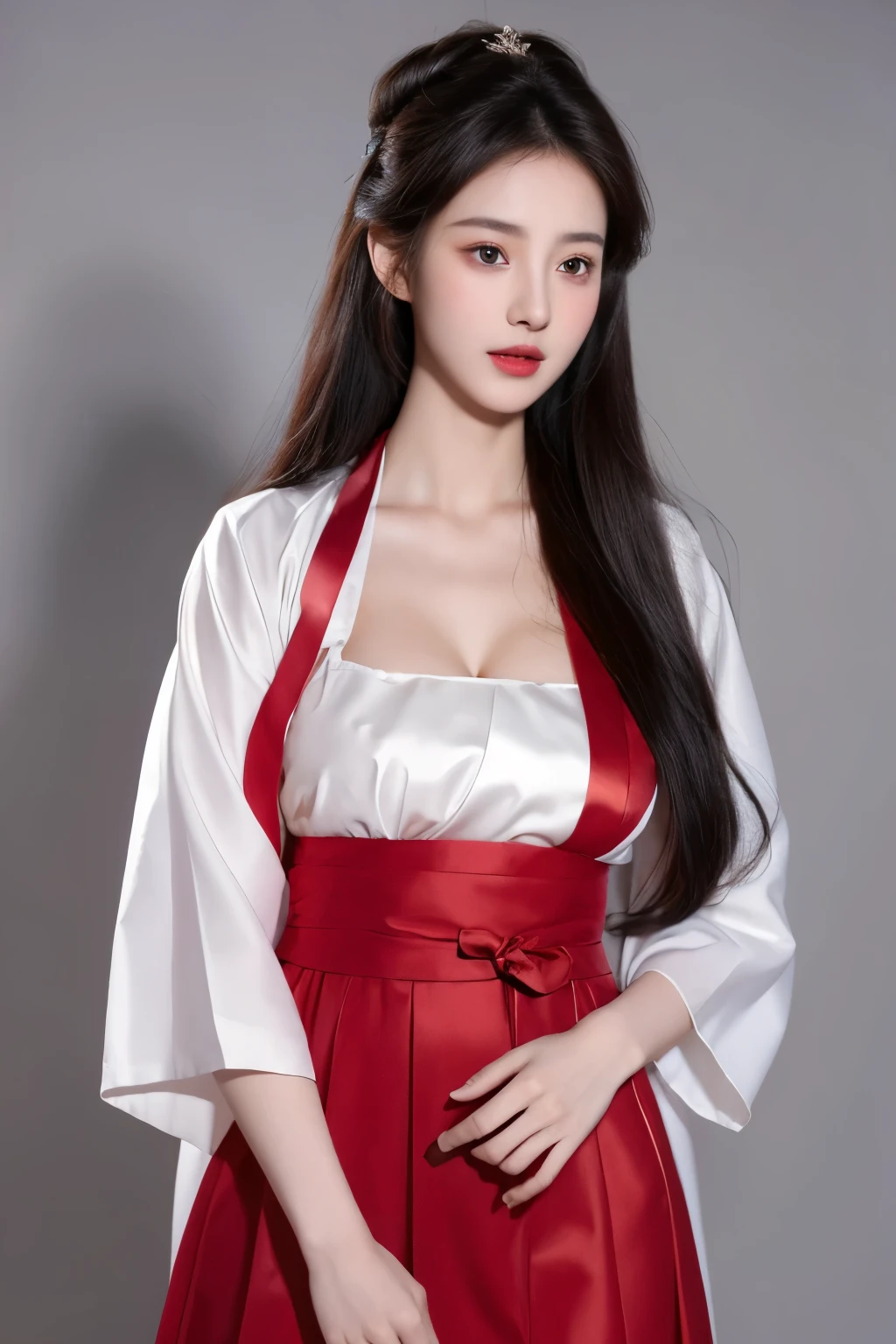 （lifelike,high resolution：1.3）， A slim girl， The face shape and eyes are super delicate,black hair,red glossy lips,(beautiful face), (best quality), (Super detailed), (Extremely detailed CG unified 8k wallpaper),((Hanbok)),(White background),(cleavage),sexy look,big eyes,(standing),(Slim waistline),perky breasts,soft breasts,very realistic breasts,sexy pose,(big breasts),Character centered