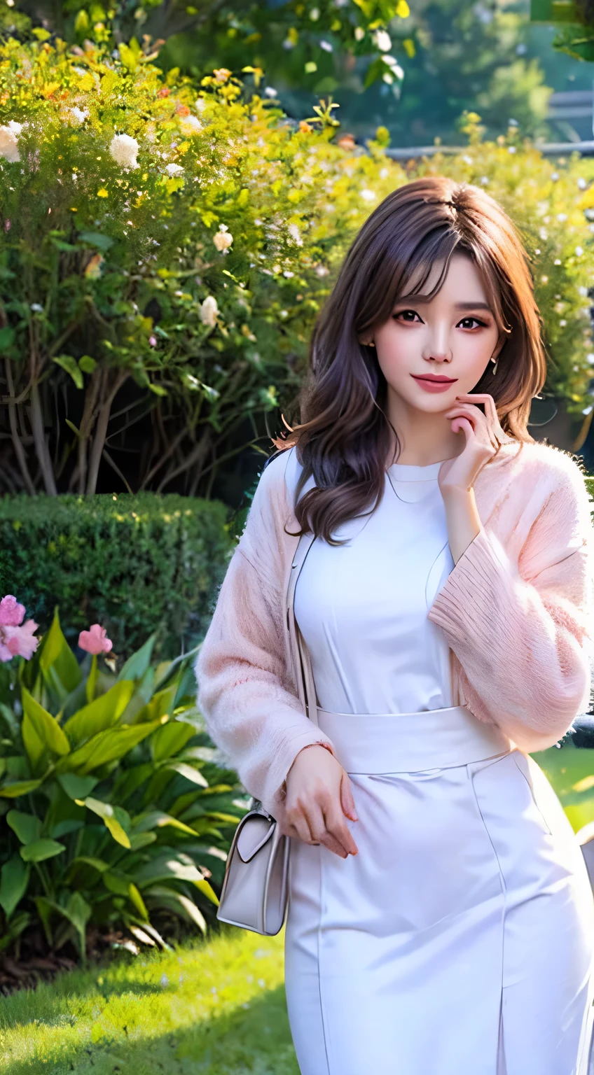 masterpiece best quality, top quality, ultra detailed, ultra high resolution,(photo realistic:1.4),1 girl, 18 year , brown medium hair, standing and looking at the viewer, wearing (kmm), garden background, sun light, full HD