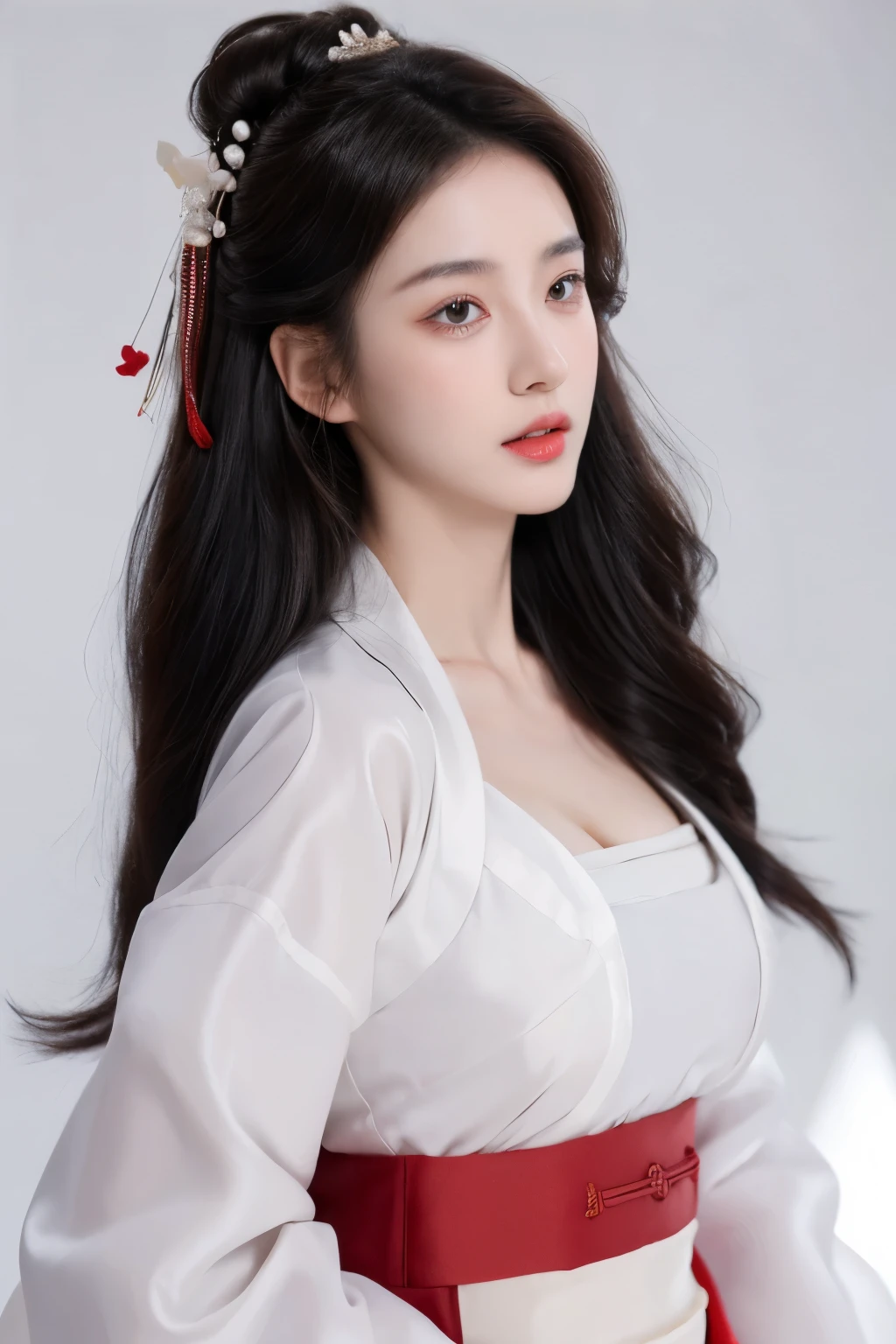 (lifelike,high resolution:1.3), A slim girl, The face shape and eyes are super delicate,black hair,red glossy lips,(beautiful face), (best quality), (Super detailed), (Extremely detailed CG unified 8k wallpaper),((Hanbok)),(White background),(cleavage),sexy look,big eyes,(standing),(Slim waistline),perky breasts,soft breasts,very realistic breasts,sexy pose,(big breasts),Character centered