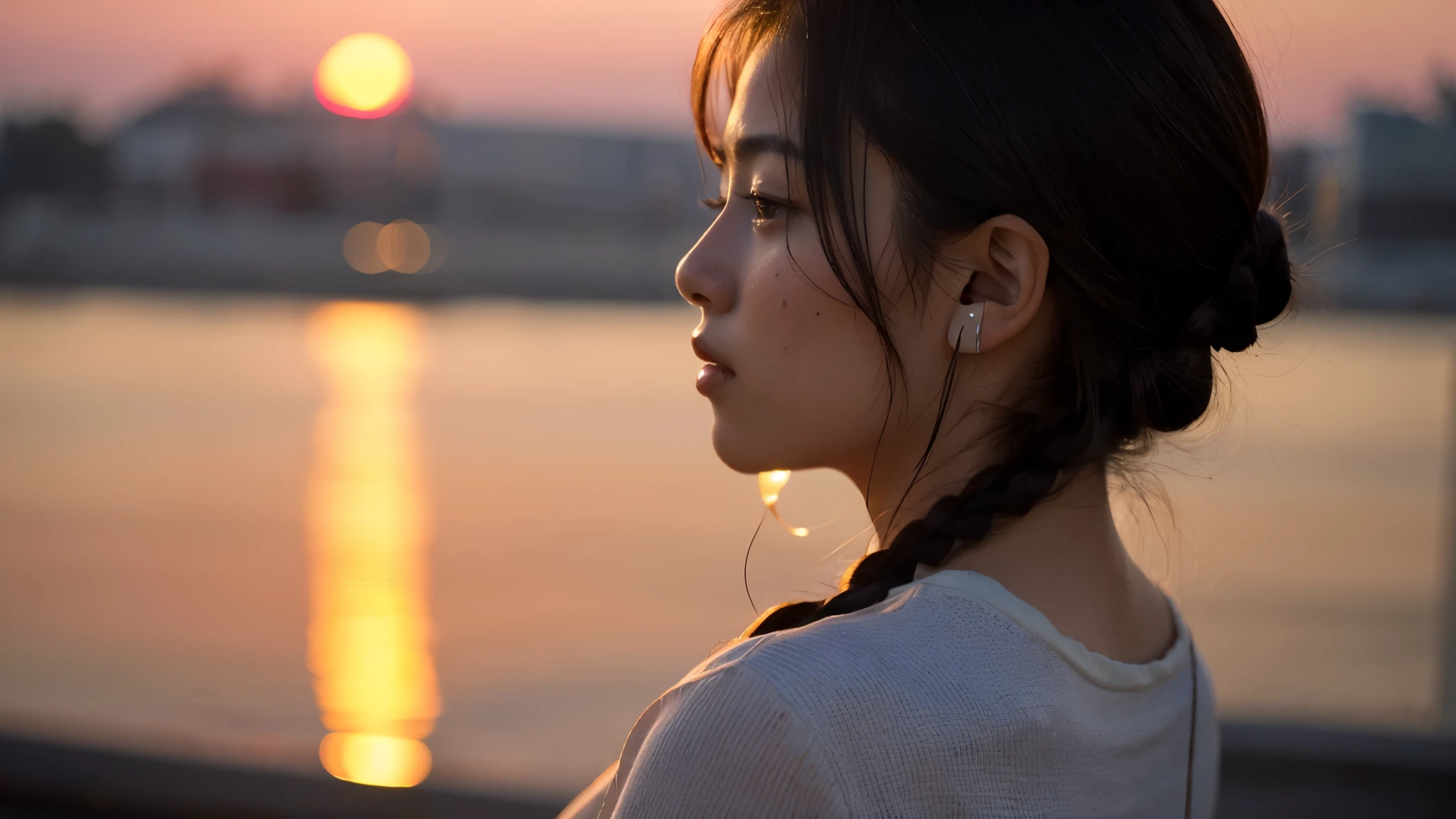 ((highest quality)), ((masterpiece)), (cinematic aesthetic:1.4),(become familiar with) beautiful japanese woman,one person,listening to music with headphones,back view,face is turned to the side,beautiful sunset photo