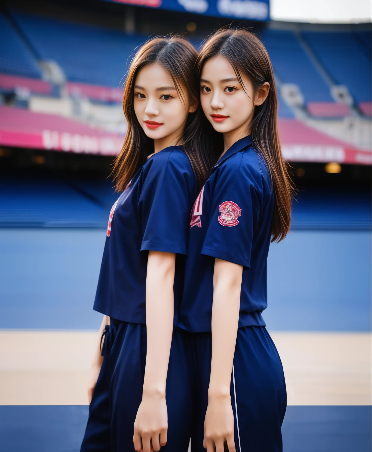 (best quality,10,10,height,Masterpiece:1.2),Special details,(realistic,ภาพrealistic,Realistic photos:1.37),1 cute girl on the football field,shiny, ผิวshiny,only,smile softly,BDclothelue shirt:1.3)),short sleeve,shirt, กางเกงขาlong.,(navy_long_track pants:1.1), ((stadium background:1.3)),Dynamic angle,excited,Face focus,dynamic poses,from behind,focus on ass,Masterpiece, best quality, ultra realistic, hyper-detail, 8K resolution, raw photos, Sharp focus, ((Navy blue shirt:1.1)), short sleeve, เส้นทางlong, perfect body, 2 mature women, 18 years old, Cinema-grade lighting system,blue sweatpants,shirtผ้าออกกำลังกาย,correct anatomy,perfect body, correct body, Sharp face, correct bodyทางกายวิภาค, full body, realistic gestures, long-haired, realistic poses,Wear long shorts................................,ช่วงขาlong,Good shape,carved girl, Slender figure, model, Good shape, beautiful body,blue sweatpants, two girls kissing