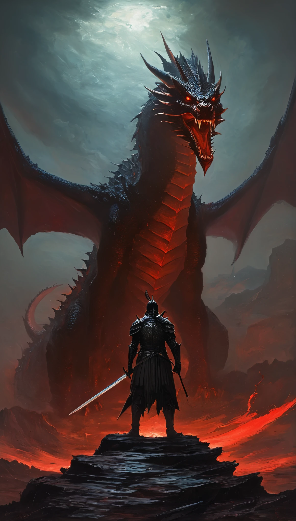 painting of a man with a sword standing in front of a giant red dragon, lord of darkness, lord of darkness, lord of darkness sauron, beksinski and dan mumford, dark fantasy artwork, dark souls concept art, dark souls art style, dark souls concept, dark souls art, dark fantasy style art, lord of cinder, in dark souls 3 style