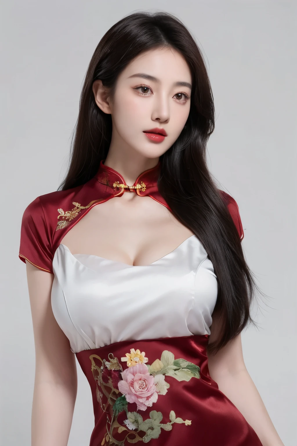 （lifelike,high resolution：1.3）， A slim girl， The face shape and eyes are super delicate,black hair,red glossy lips,(beautiful face), (best quality), (Super detailed), (Extremely detailed CG unified 8k wallpaper),((cheongsam)),(White background),(cleavage),sexy look,big eyes,(standing),(Slim waistline),perky breasts,soft breasts,very realistic breasts,sexy pose,(big breasts),Character centered