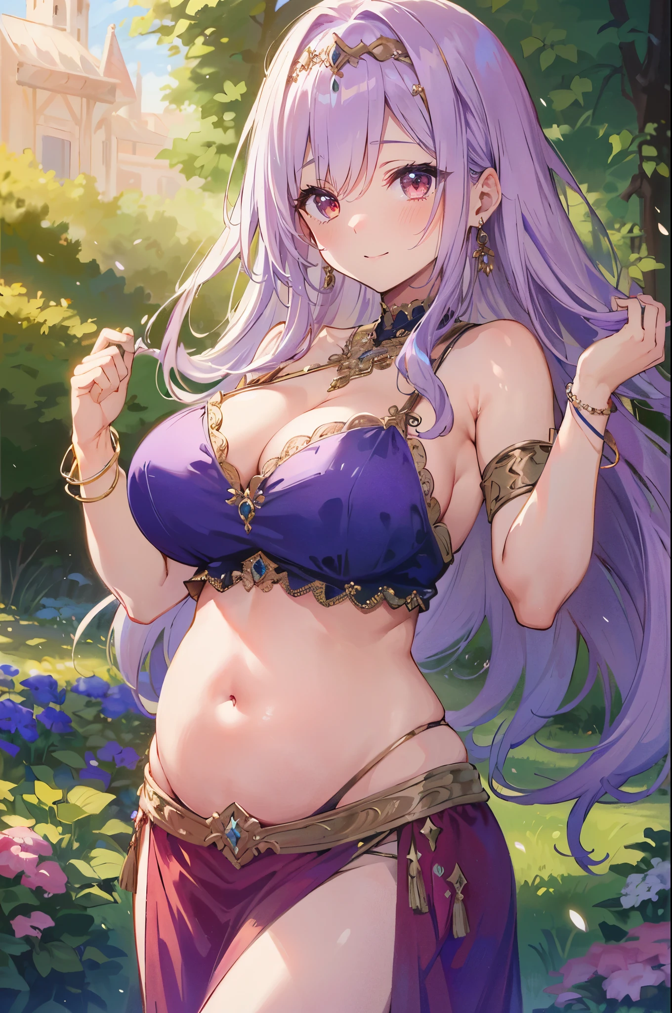 high quality, ultra detailed, best quality, insanely detailed, beautiful, masterpiece, 1girl, garden, medieval Europe, cowboy shot, red eyes, long hair, light purple hair, (belly dancer, harem outfit, pelvic curtain:1.2), bare legs, circlet, earrings, armlets, bracelets, bashful smile, dancing, large breasts, cleavage, soft stomach