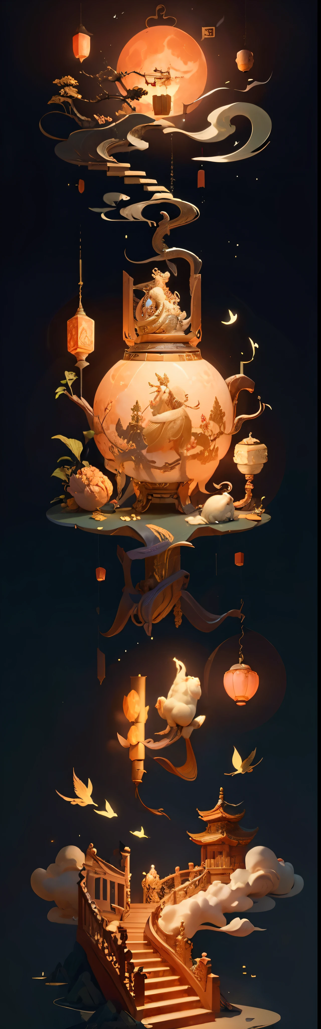 no humans, (big moon)，an osmanthus tree，Chang'e，There are four words in the middle，lantern，palace，Chinese architectural motifs，cloud, Chinese style,Ivory Gold AI, golden curve，masterpiece,Super exquisite,three dimensional,super rich,super detailed,32k