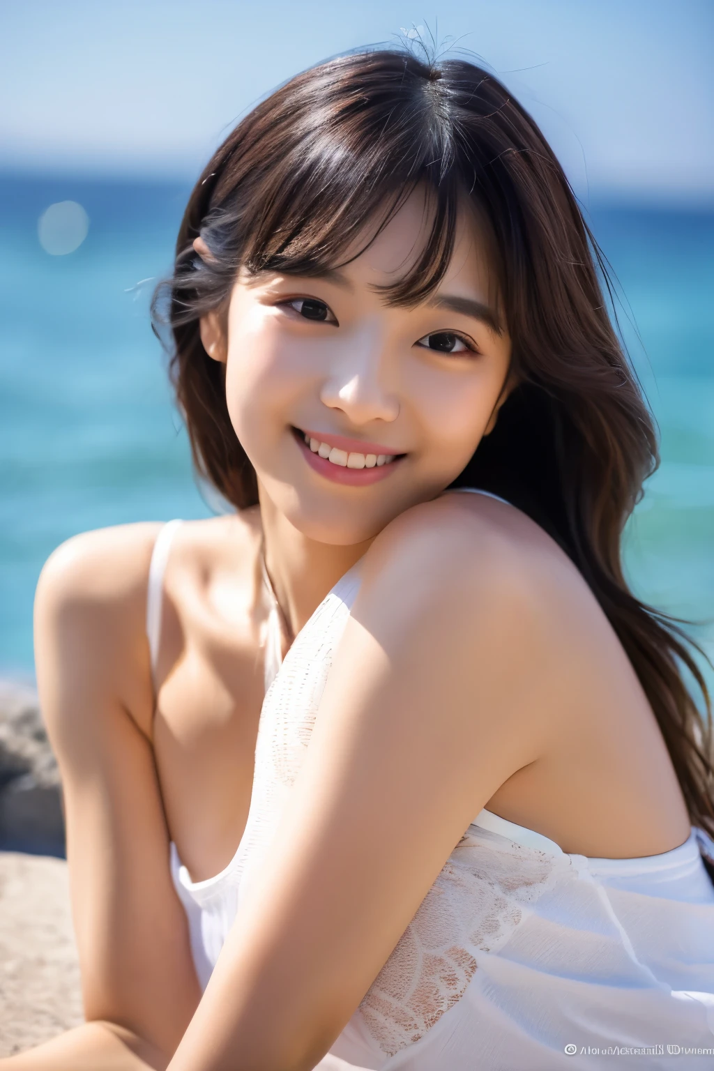 Create a high-quality, hyper-realistic portrait of a very beautiful Japanese idol. She is wearing a clean white summer dress and is squatting on the beach during sunset at sea. The deep indigo of the night sky contrasts with the last vestiges of crimson near the horizon, with swaying waves in the background. The girl has semi-long hair and a slender body with small breasts. The photo should capture her with detailed eyes, a detailed face, and a beautiful, sophisticated nose. The image should have a realistic, delicate, and finely detailed quality, suitable for a fashion magazine cover. Use cinema lighting and soft light to enhance her features. Ensure the photo is of the highest quality, with a resolution of 8K, making it perfect for a 2K wallpaper.