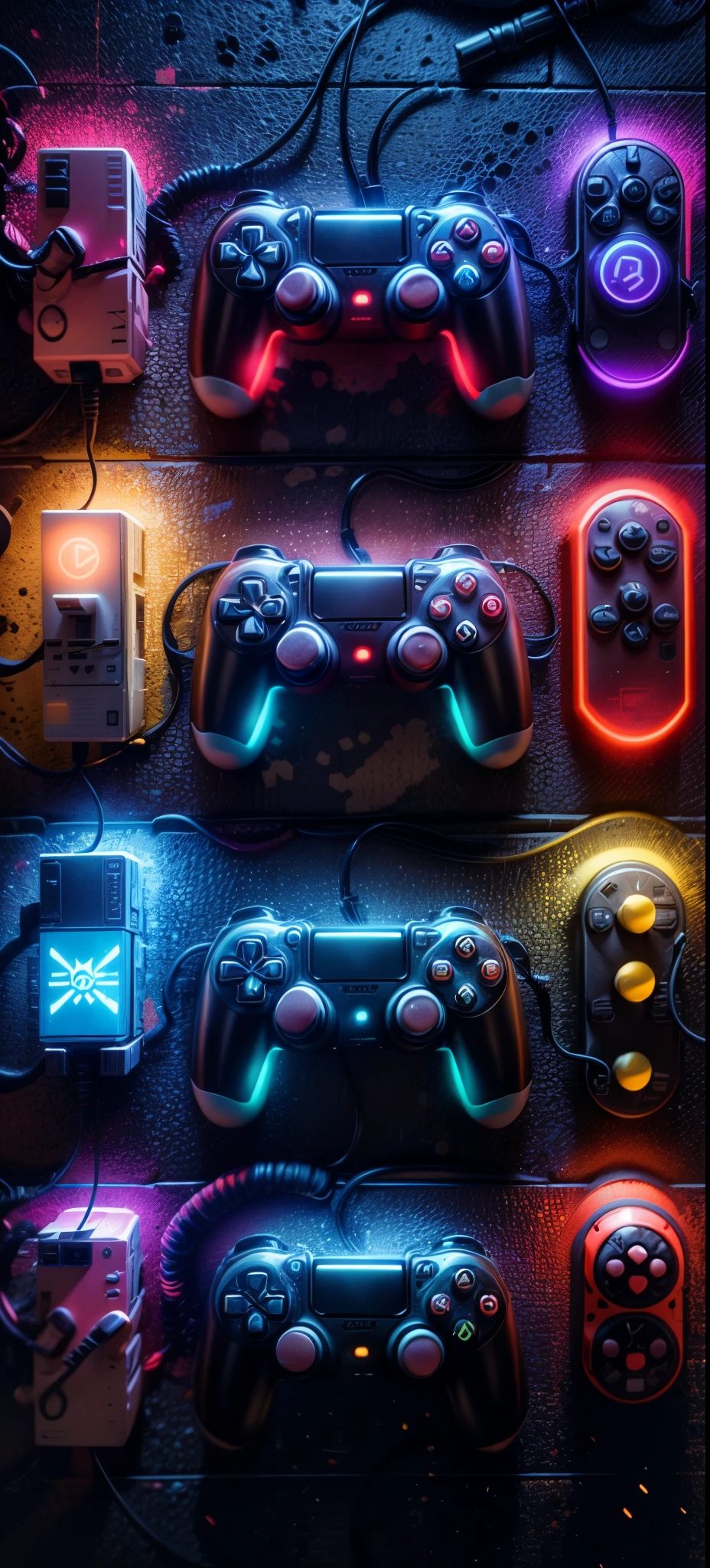 a close up of a wall with a bunch of video game controllers, led gaming, controllers, glowing buttons, neon ambient lighting, gamer themed, video game consoles, gamer aesthetic, video game style, video game control, glowing neon lights, video game render, videogame inspired, neon dark lighting, cyberpunk with neon lighting, softly glowing control panels, videogame 3d render, gaming