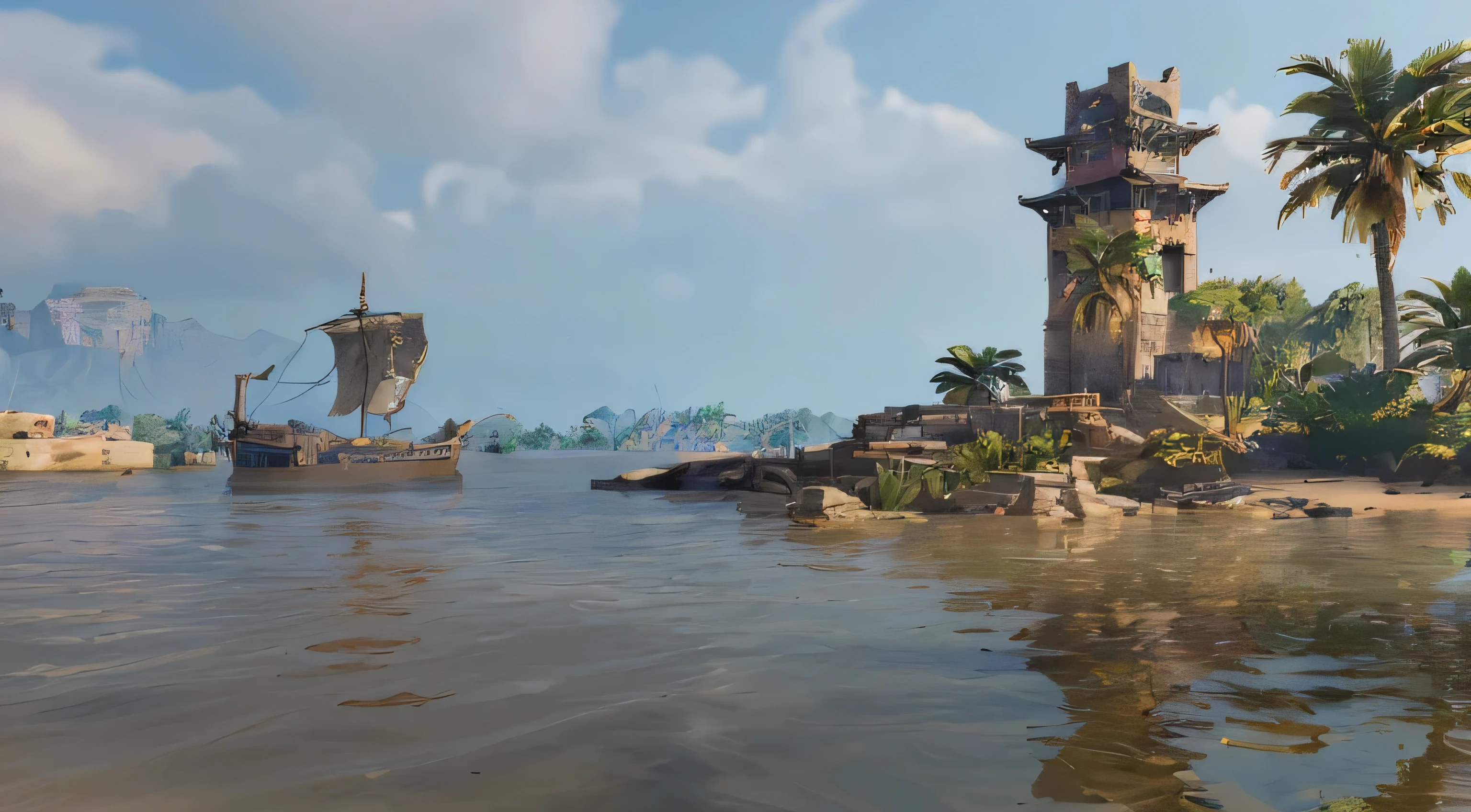 There is a small island,There is a boat in the water, movie shot, egyptian environment, sea of thieves style, beautiful afternoon light, Scene of temple being flooded, Sea of Thieves screenshots, summer Unreal Engine 5, Upgrade to high resolution, ( ( Unreal Engine ) ), Very detailed, The ancient pagoda was flooded, Nice screenshot, Rendering in cryengine