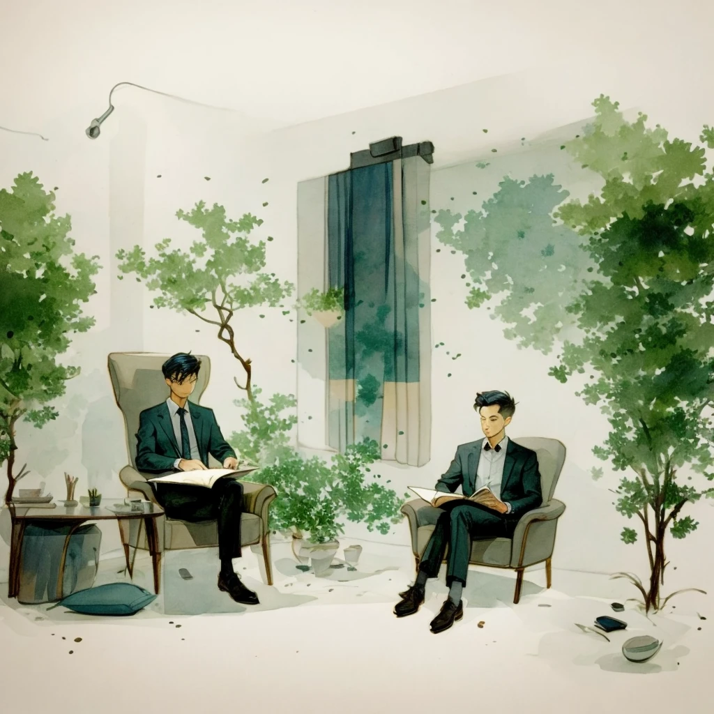 drawing of a man sitting in a chair in a living room, whole page illustration, concept illustration, keyframe illustration, stylized linework, animatic, sitting in a lounge, concept drawing, linear illustration, animation still, line sketch, establishing shot, vignette illustration, relaxing concept art, in a living room, commercial illustration, animated still