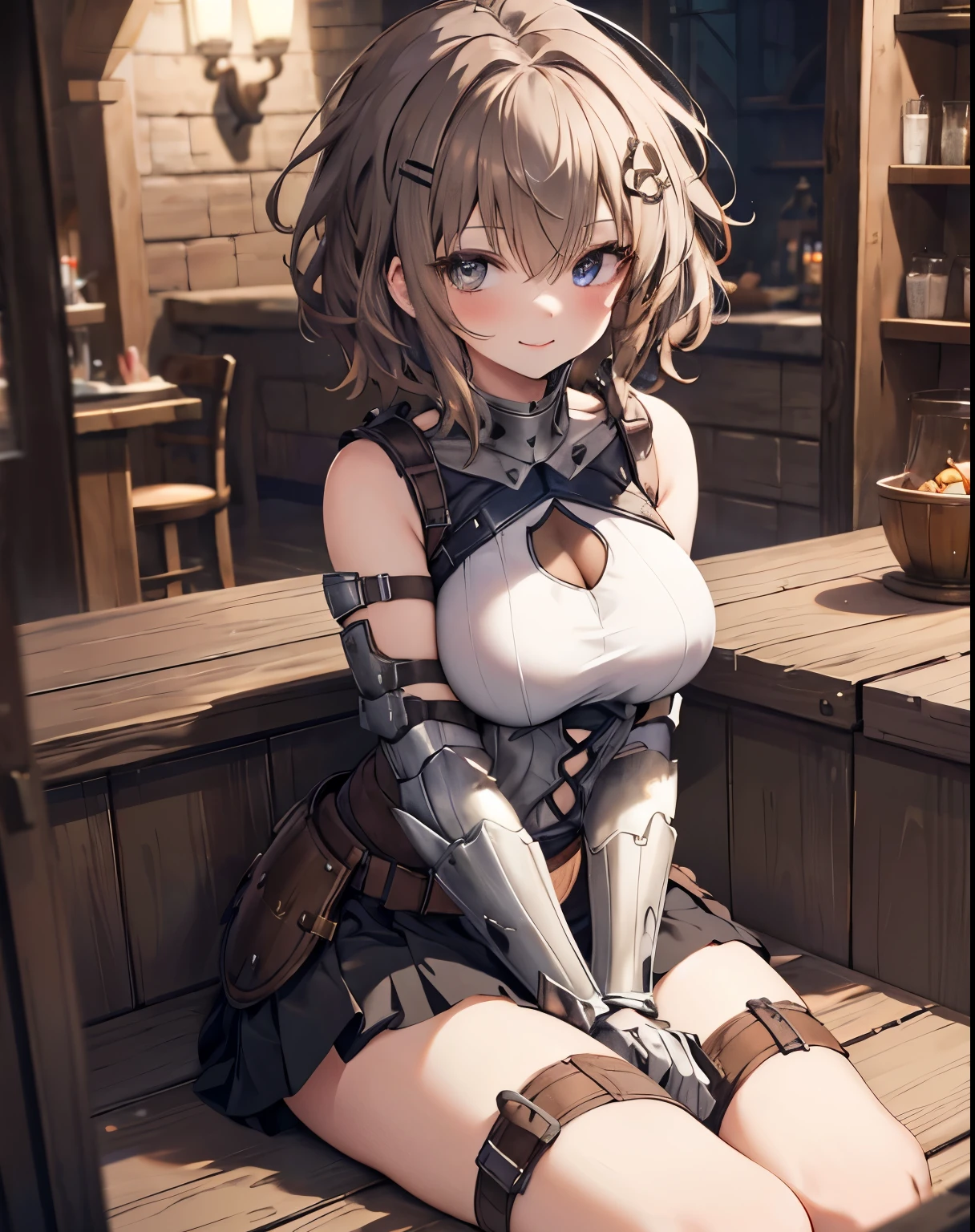 masterpiece,1girl, sparrow, a brown haired girl, wearing a knight armor, curly short hair, messy hair, black skirt, slim body, wearing armor knight, medium breasts, she close her left eye, shirt ornament, ****ppai, seductive expression, beautiful breasts, rounded breasts, crimson eyes, dress, miniskirt, sit in medieval tavern, ahoge, seductive smile, breast armor