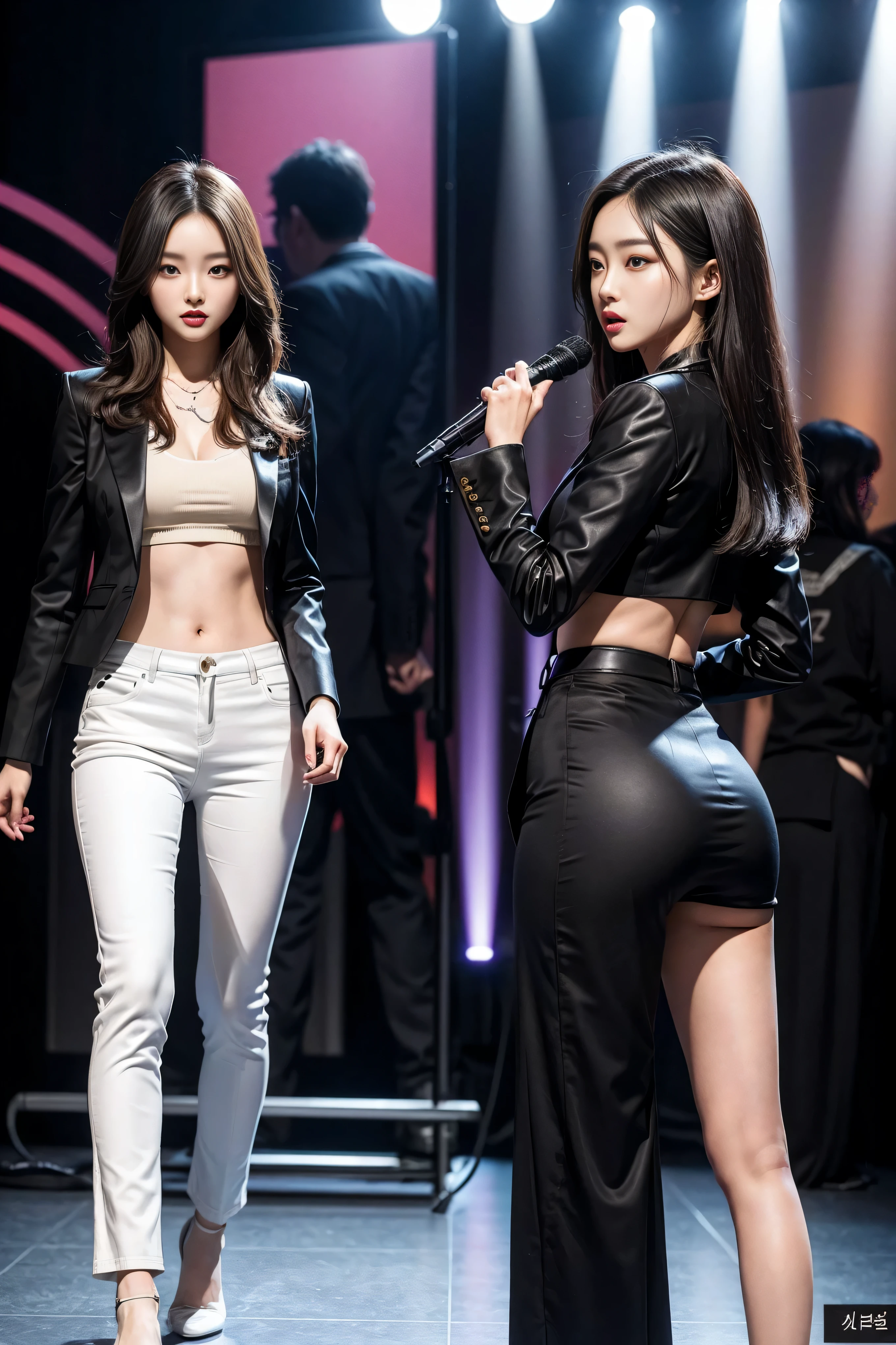 （8k，best quality，masterpiece，actual，super detailed：1.3），（2 girls，beautiful korean girl, kpop idol），（black blazer：1.2），（white leggings：1.1），（Serious expression：1.2）discuss，（speech，handheld microphone：1.2）（crowd，audience：1.3），Sexy long legs， （Thigh clearance：1.5），wide hips，S-shaped body， Hips raised，，black hair，（ass focus：1.1）shot from behind