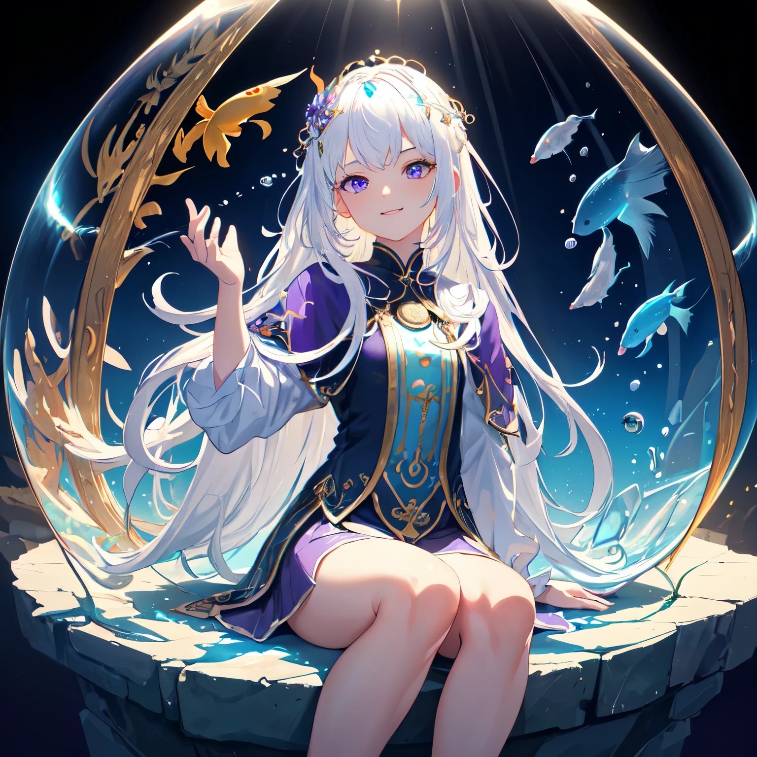 [(Transparent background:1.5)::5],(((masterpiece))),(((best quality))),(((extremely detailed))),illustration, 1girl,solo,mysterious,vivid color,shiny, underwater transparent sealed hemispherical glass dome, (white hair),(purple eyes), full body,barefoot,long hair tranquil nature, koi,Underwater, Dome,close up,Dynamic actions,Lens perspective,(((Box composition))),sit cross-legged and lean against the bookshel, volumetric lighting, multi-color eyes, detailed eyes, hyper detailed,light smile, highly detailed, beautiful, small details, ultra detailed, best quality, intricate, 4k, 8k, trending on artstation, good anatomy, beautiful lighting, award-winning,