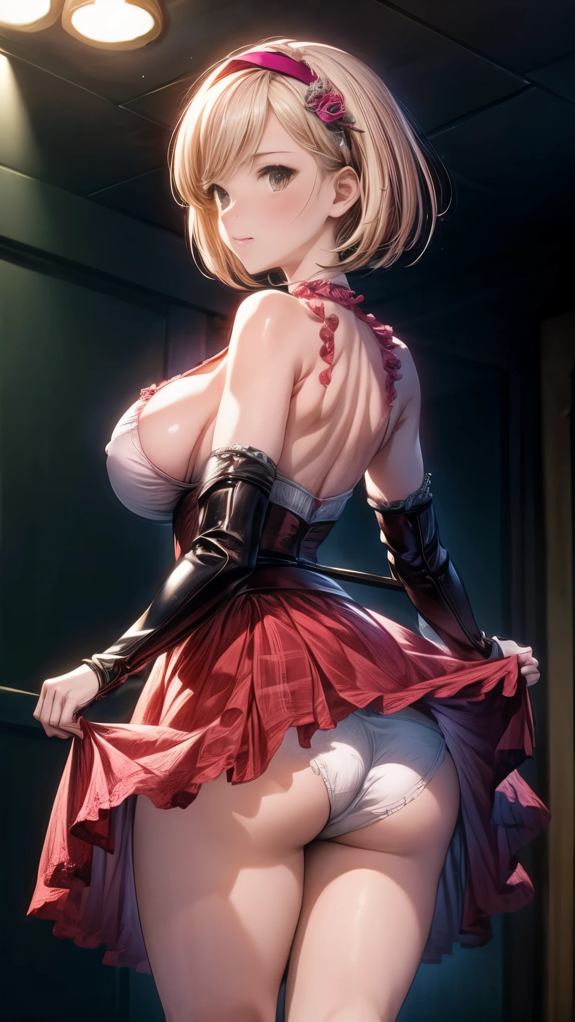 highest quality、((one girl:1.2))、Gita、blonde、short hair、、 ((big breasts:1.3))、full body figure、((embarrassed:1.3))、lift skirt、((white panties:1.1))、tage、stageを上がる、back view、turn around、look back、Pose that emphasizes the buttocks、raise one leg