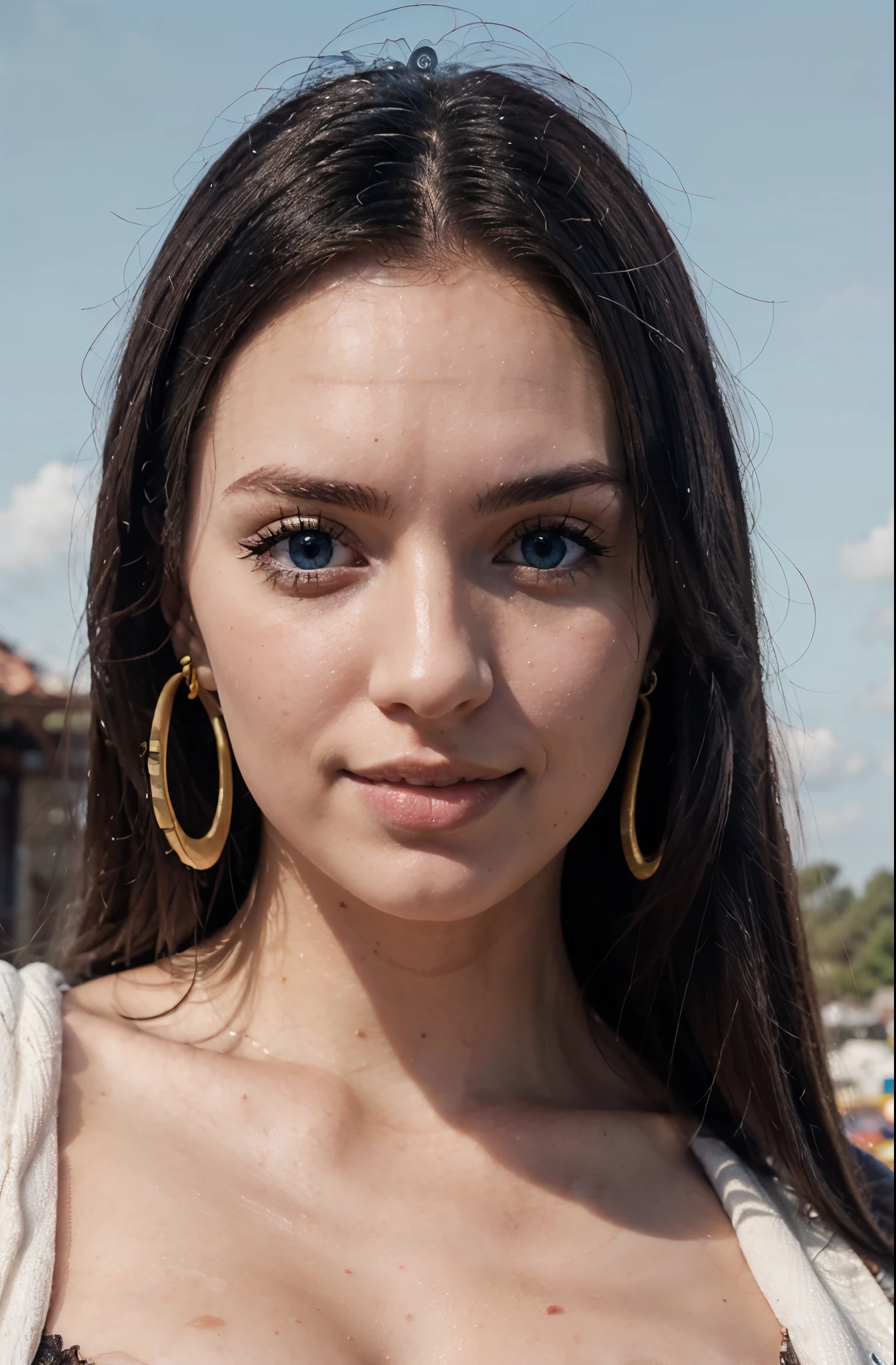 ultra realistic 8k cg, (ultra detailed background, delicate pattern, intricate detail, highly detailed, fine details), best quality, (photorealistic:1.4),beautiful lighting, absurdres, RAW photo, film grain, ((medium breasts, slim girl, close-up, portrait)), BoaHancock, 1girl, solo, black hair, long hair, jewelry, (earrings, blue eyes), ((slim girl, medium breasts)), cleavage, smile, dress, cape, epaulettes, navel, midriff, blush, collarbone, (complex detailed background, blue sky, nature environment, close-up, portrait), blue eyes, blue sky eyes, very white skin, 18 years, boa hancock, perfect skin, big breast, white young woman, very white skin, boa hancockv2, boa hancock from one piece, model IG, lovely, femenine, very white skin, very white girl, only very white skin, 18 year old, boa hancock