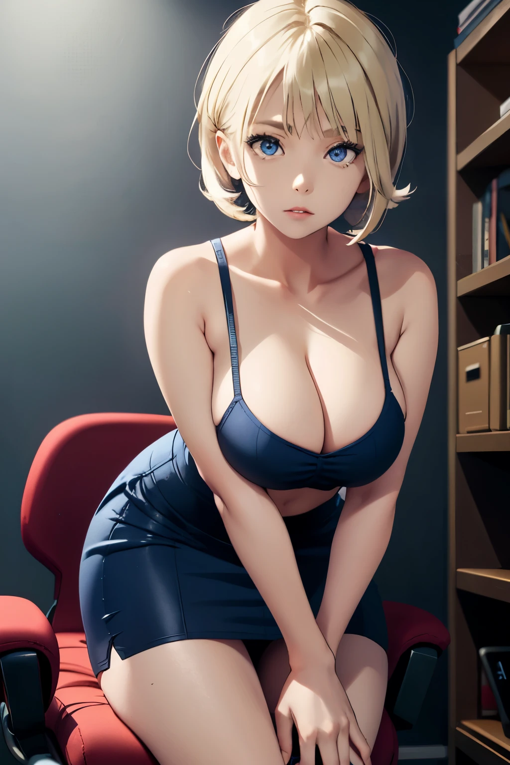 Clear blue eyes, blonde bob hair, cleavage, leaning forward, red cheeks, hairpin, white shirt, no make-up, navy blue tight skirt, rather large, shy, built-up area, looking at the viewer, sitting on a chair, from the front ,