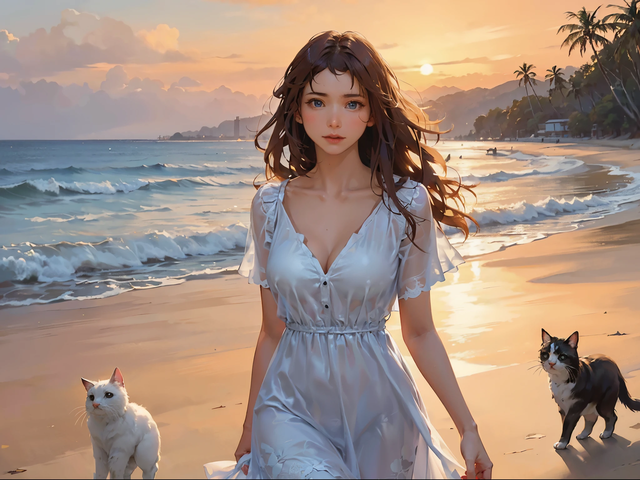 Beautiful evening beach with stars, waves illuminated by the setting sun, Calm and quiet waves、Beautiful woman walking on a sandy beach on a small island, gentle smile, beautiful blue eyes, long brown hair, (( The woman's face is beautiful and detailed)), Wet and glowing, white dress, white cart, walking shoes)),There are multiple cats on the beach、 ((highest quality)), ((high resolution 16k)), ((The background is realistic and beautiful.)), --automatic