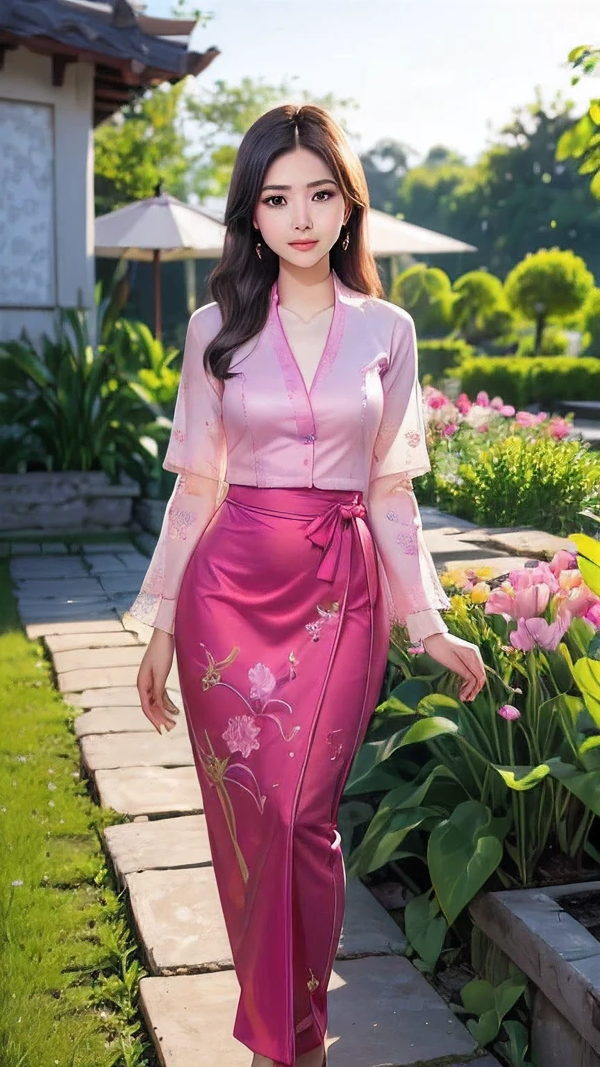 masterpiece best quality, top quality, ultra detailed, ultra high resolution,(photo realistic:1.4),1 girl, 18 year , brown medium hair, standing and looking at the viewer, (kmm, khitmyanmar), garden background, sun light, full HD