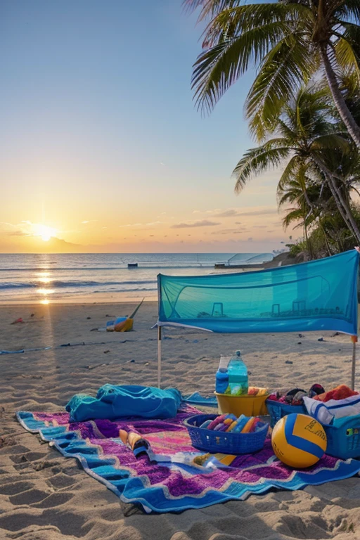 Imagine a vibrant beach party in full swing, with groups of people laughing and chatting as they soak up the sun. A crystal-clear ocean stretches out before them, its waves gently lapping at the shore. Colorful beach towels and blankets are scattered about, with coolers and baskets filled with refreshments nearby. A volleyball net is set up nearby, with a lively game in progress. In the background, a bright sun is setting over the water, casting a warm glow over the entire scene."

I hope this helps! Let me know if you have any other questions