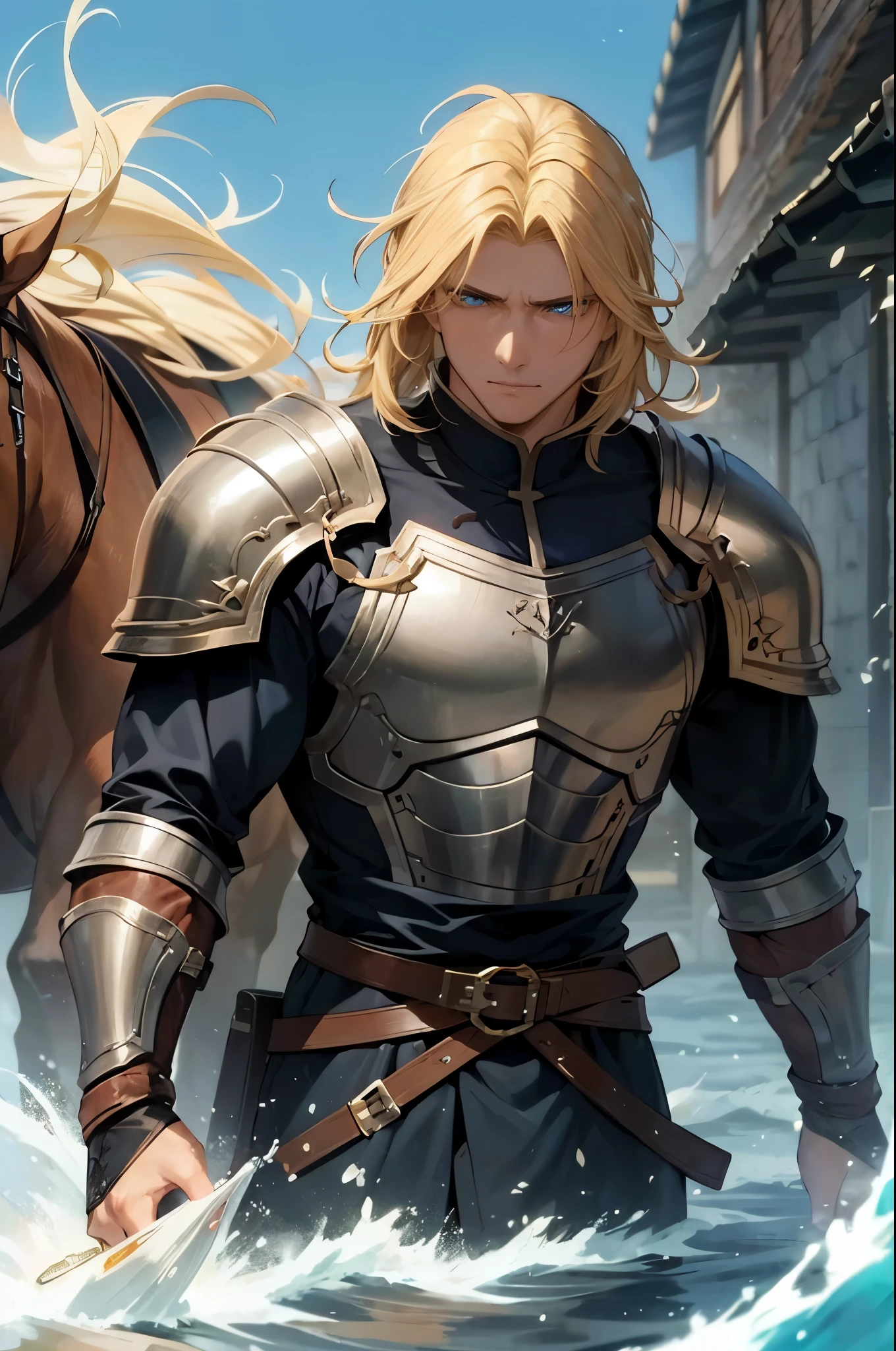 Homem, blonde, cabelo curto, adulto, alto, forte, homem grande, musculoso, medieval, anime, cavaleiro, armadura, olhos azuis