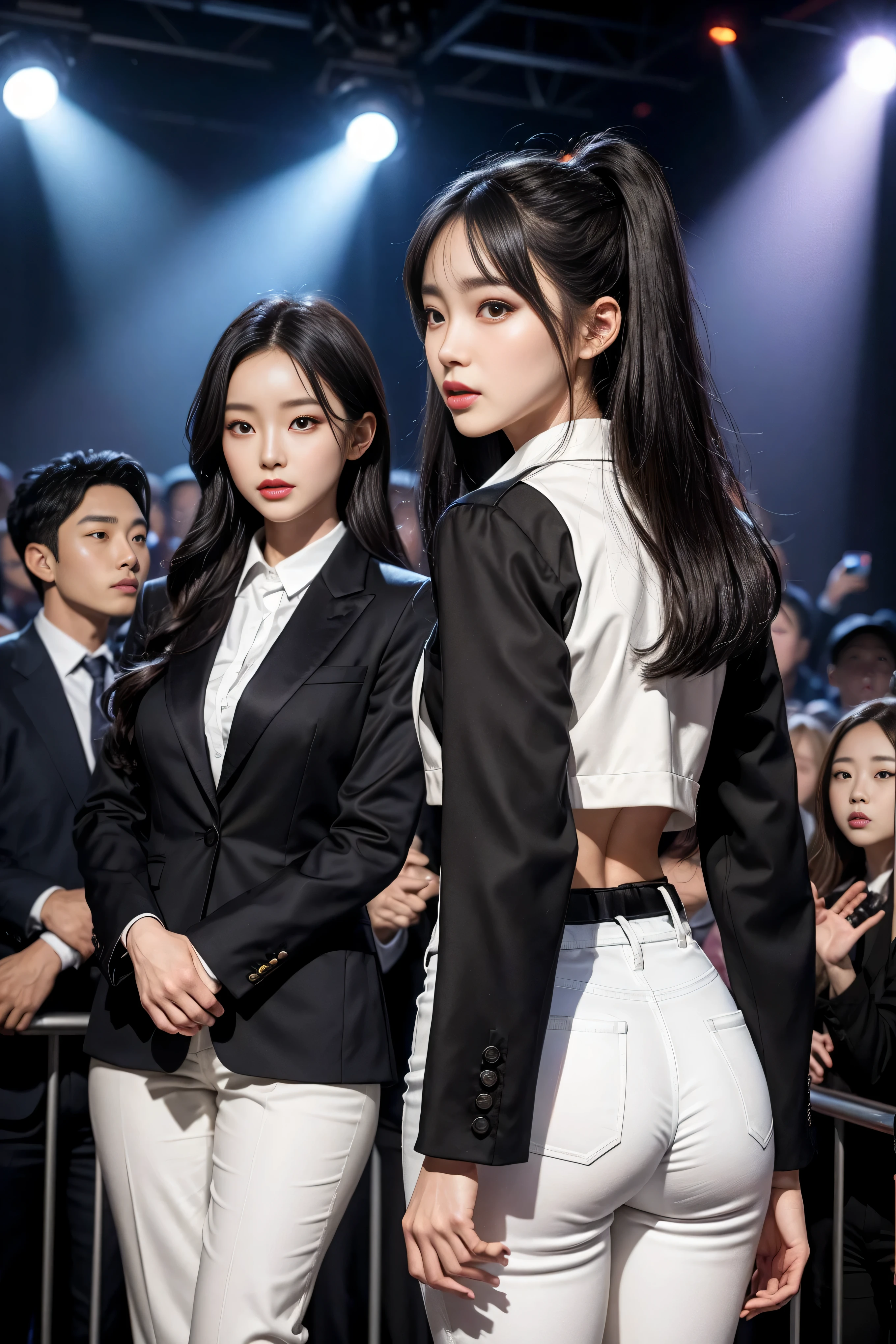 (8k,Highest Quality,masterpiece,practical,Super detailed:1.3),(1 girl,Beautiful Korean girl, Korean pop idol),(Black suit jacket:1.2),(White skinny trousers:1.1),(Serious expression:1.2)discuss,(speech,Handheld Microphone:1.2)(crowd,audience:1.3),Sexy long legs, (Thigh gap:1.5),Wide hips,S-Shaped Body, Hips lifted,,black hair,(Ass Focus:1.1)Shot from behind