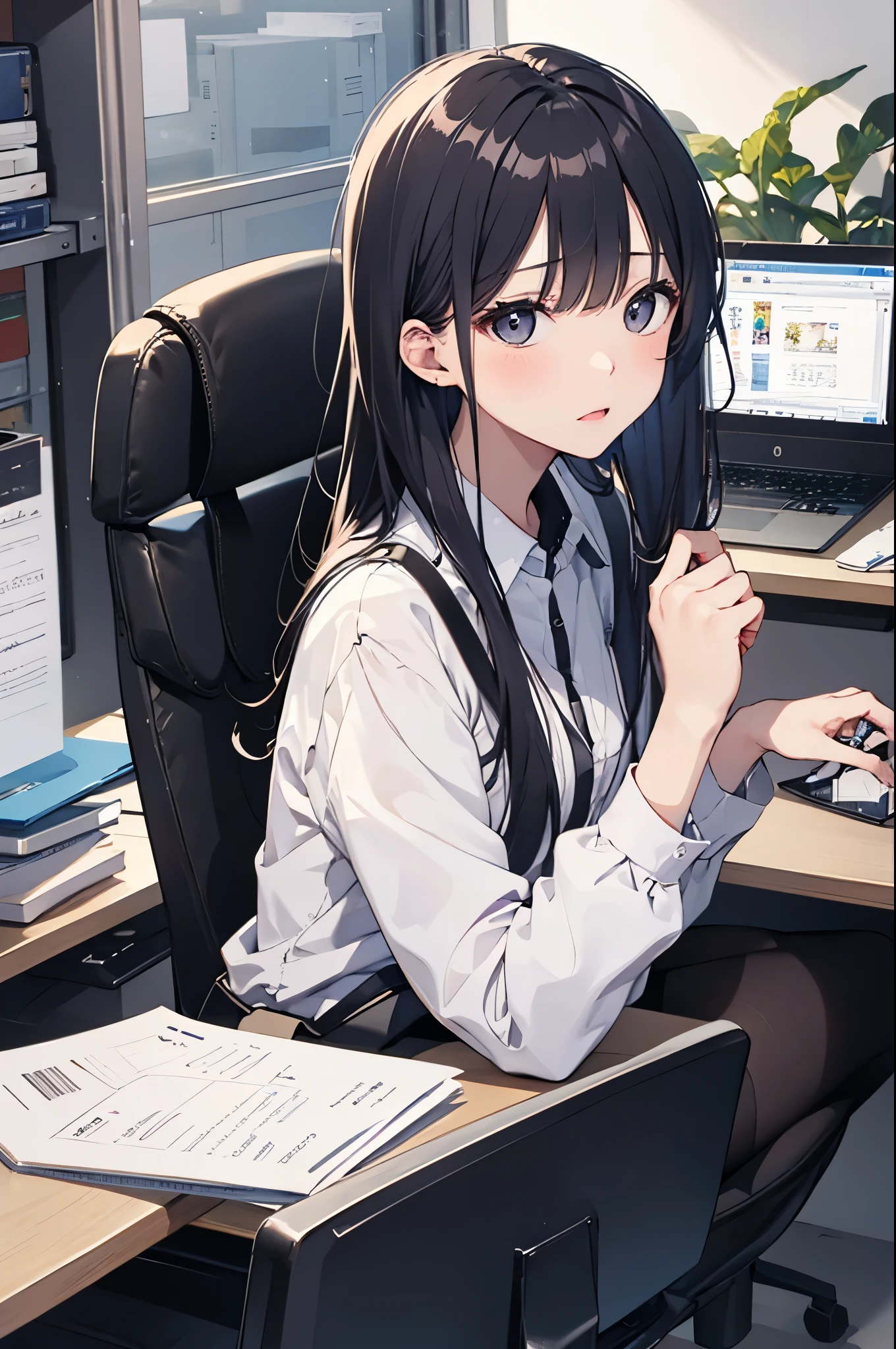 (Pretty sister:1.3)、spring atmosphere、evening、aggressive、office、((impatient face))、type into computer、large amount of work、overtime