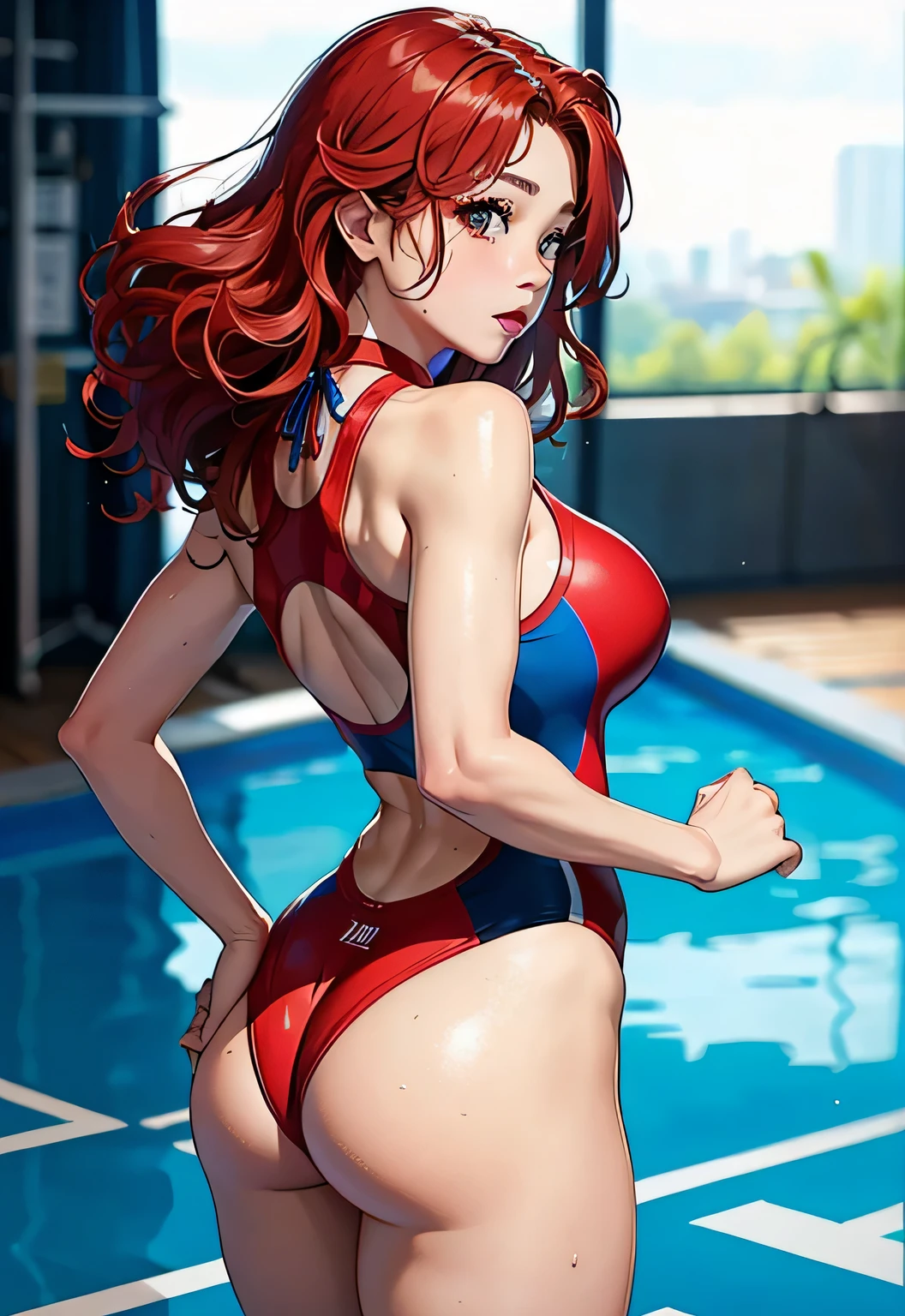 view from behind、show your butt、The emphasis is on the butt、actual、Super high chroma、8k、Long red curly hair(((30 year old girl)))、((((She was wearing a red and blue competition swimsuit。))))、competitive swimmer、big breasts、Thick thighs、Pay attention to muscle development。競泳プールolympic Comcompetitive swimmerics stadium 美しい顔, Highly detailed face and skin textures, (Eyes have small wrinkles, double eyelids, thin eyebrows, glitter eyeliner: 1.2, natural cheeks, skin shiny, White skin,, (glossy lips: 1. 4),Sweating 1.0、(((vitality)))