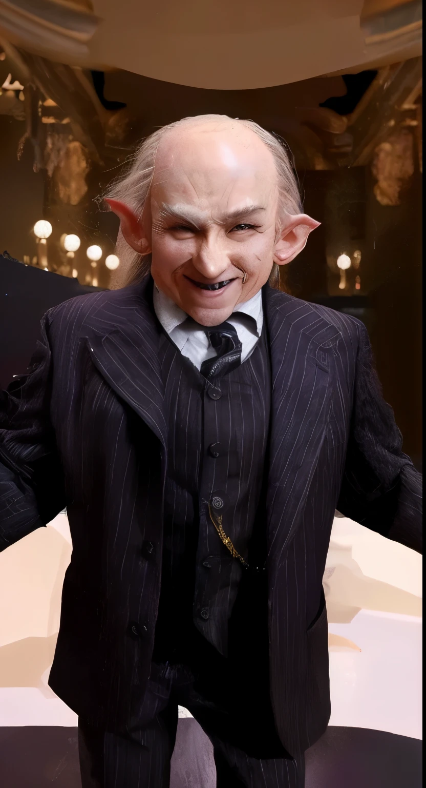 4K,HD quality,哈里波特 银行Elf,Big nose,Elf耳朵,Suit,splendid,Elf,positive smile,Cruel,standing