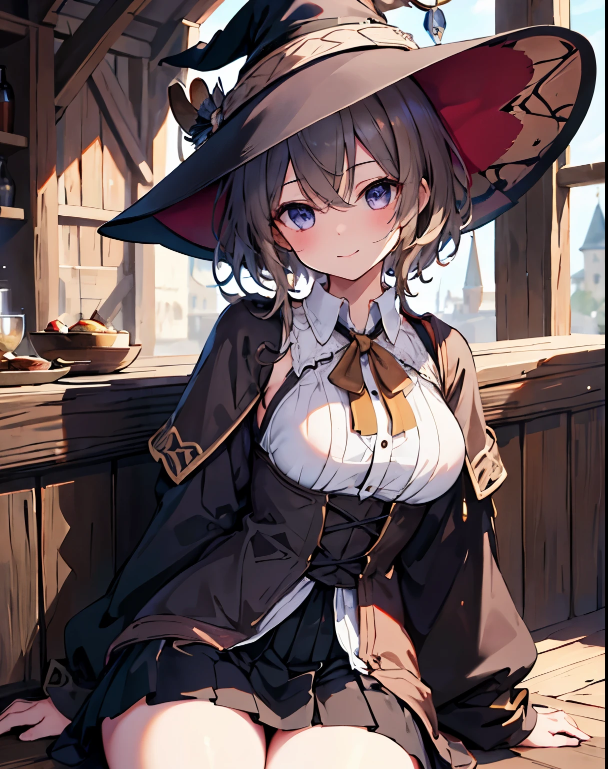 masterpiece,1girl, sparrow, a brown haired girl, wearing a medieval clothes, curly short hair, messy hair, black skirt, slim body, wearing witch hat, medium breasts, she close her left eye, shirt ornament, lolippai, seductive expression, beautiful breasts, rounded breasts, crimson eyes, dress, miniskirt, sit in medieval tavern, ahoge, seductive smile, breast armor