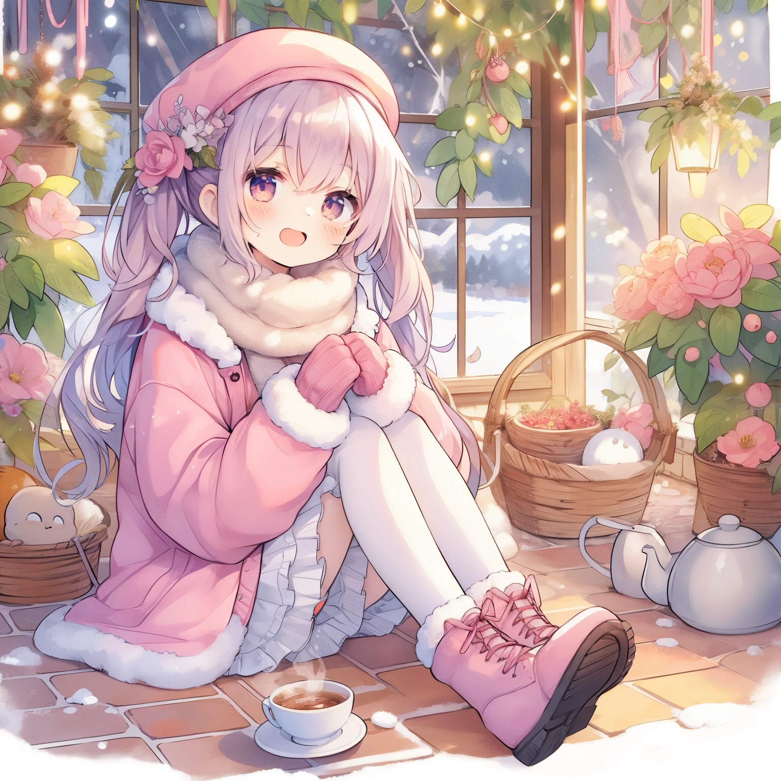 anime girl sitting on the floor with a cup of coffee, anime visual of a cute girl, seasons!! : 🌸 ☀ 🍂 ❄, cute anime girl,The winter-scented Sachephleur will bring a smile to girls wearing pink attire.、Sit on the petal-covered floor in a warm greenhouse、pastel watercolor anime, in the winter, heavy winter aesthetics, in winter, winter time, cute anime, cute art style, cold snow outside, splash art anime , cozy wallpaper, cute anime style, cute kawaii girl